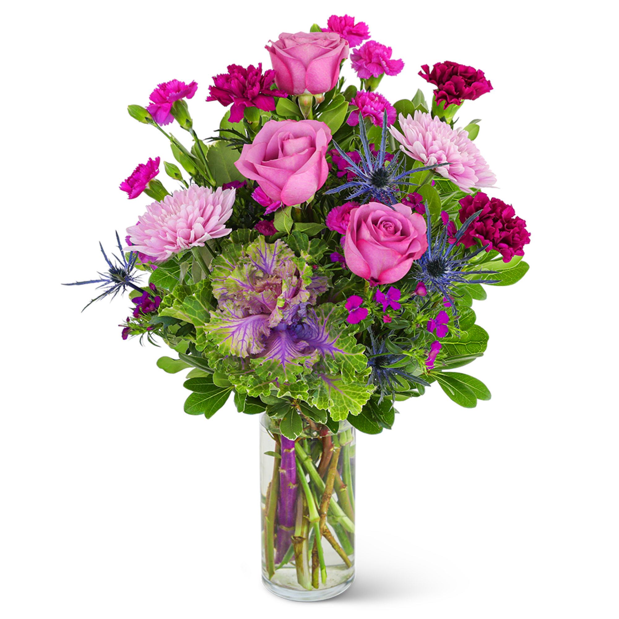 Pink roses and purple flowers in a clear glass vase