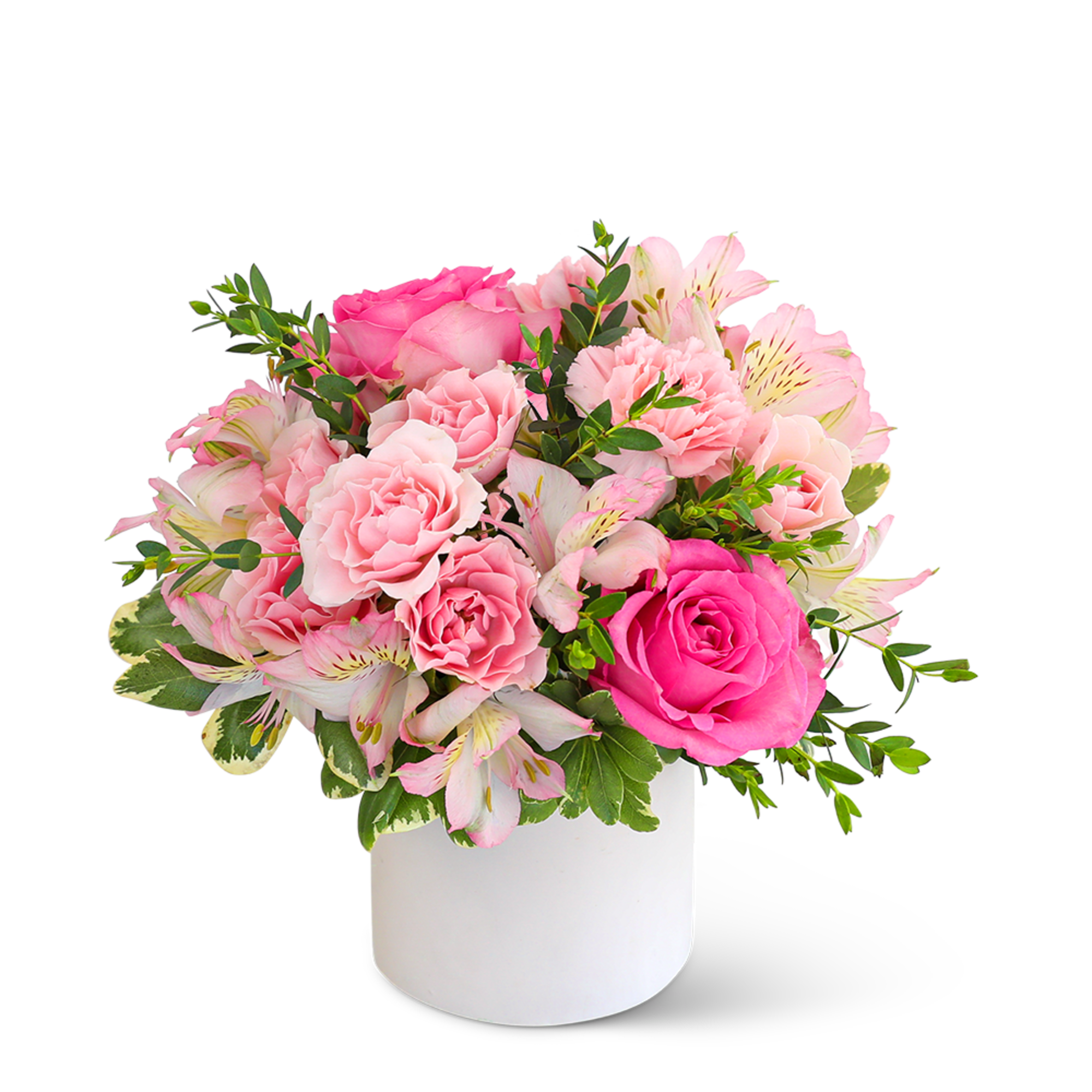 Pink roses and alstroemeria in a white vase