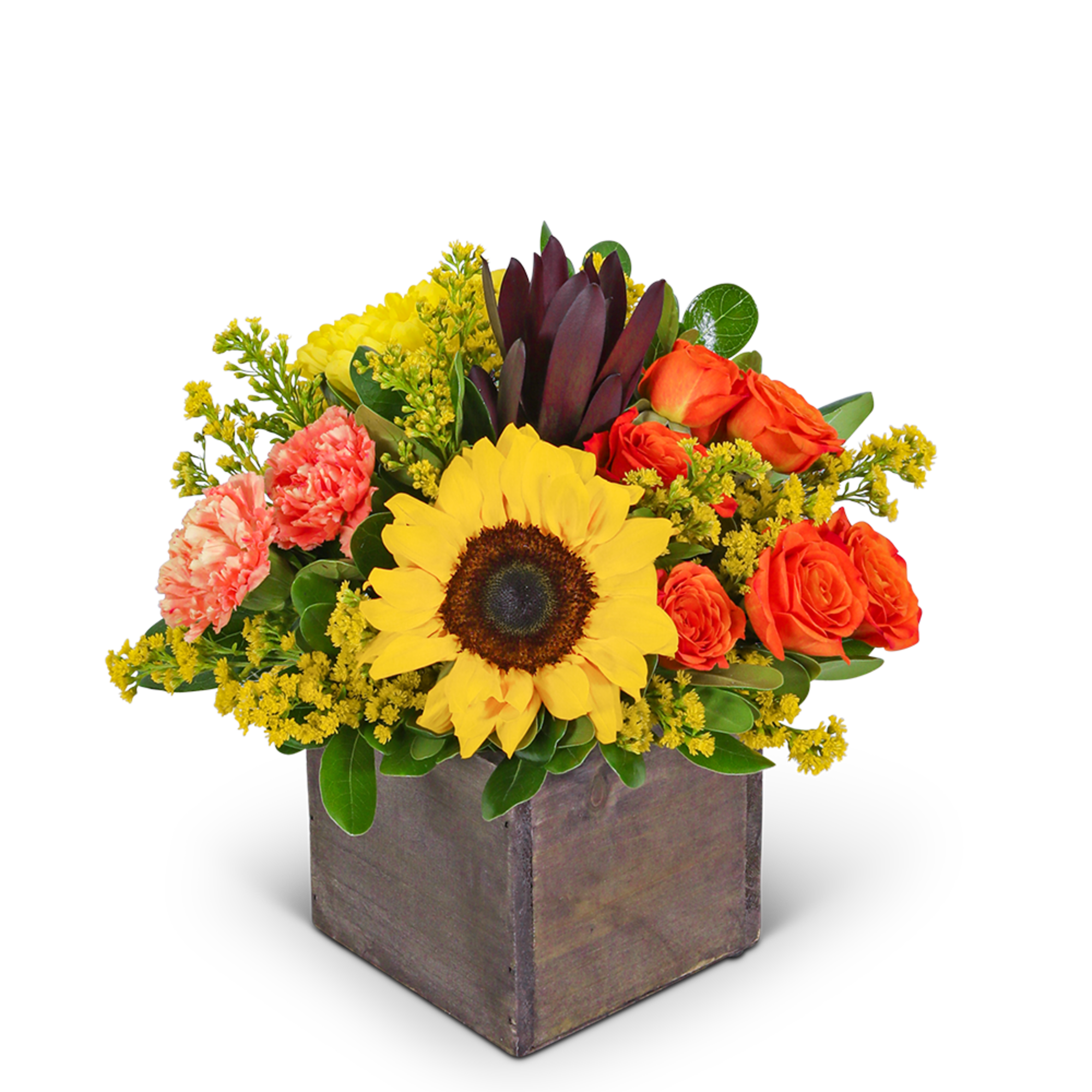 Sunflower and orange rose arrangement in a square wooden box