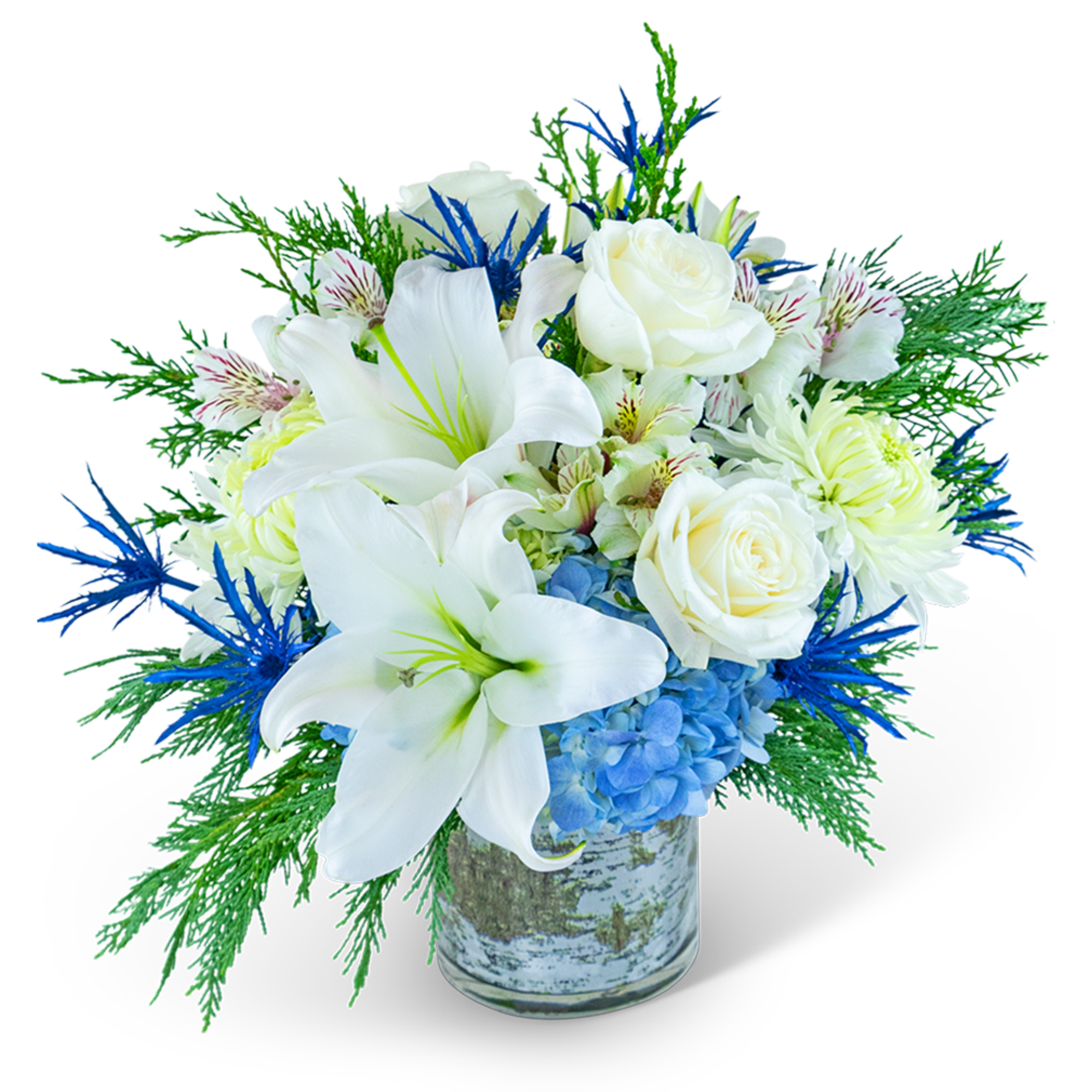 White lilies and roses in a birch-pattern vase with blue accents