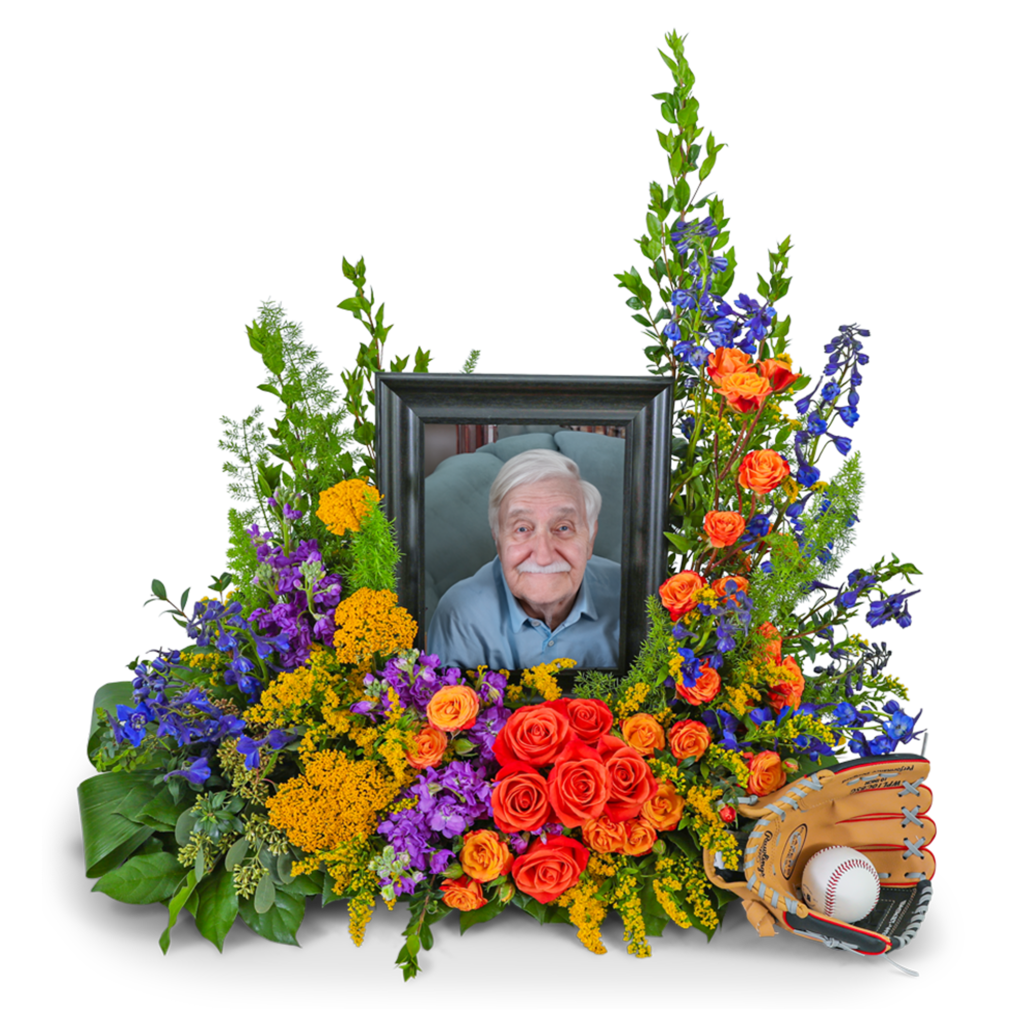 Floral memorial arrangement with a framed portrait and baseball glove and ball