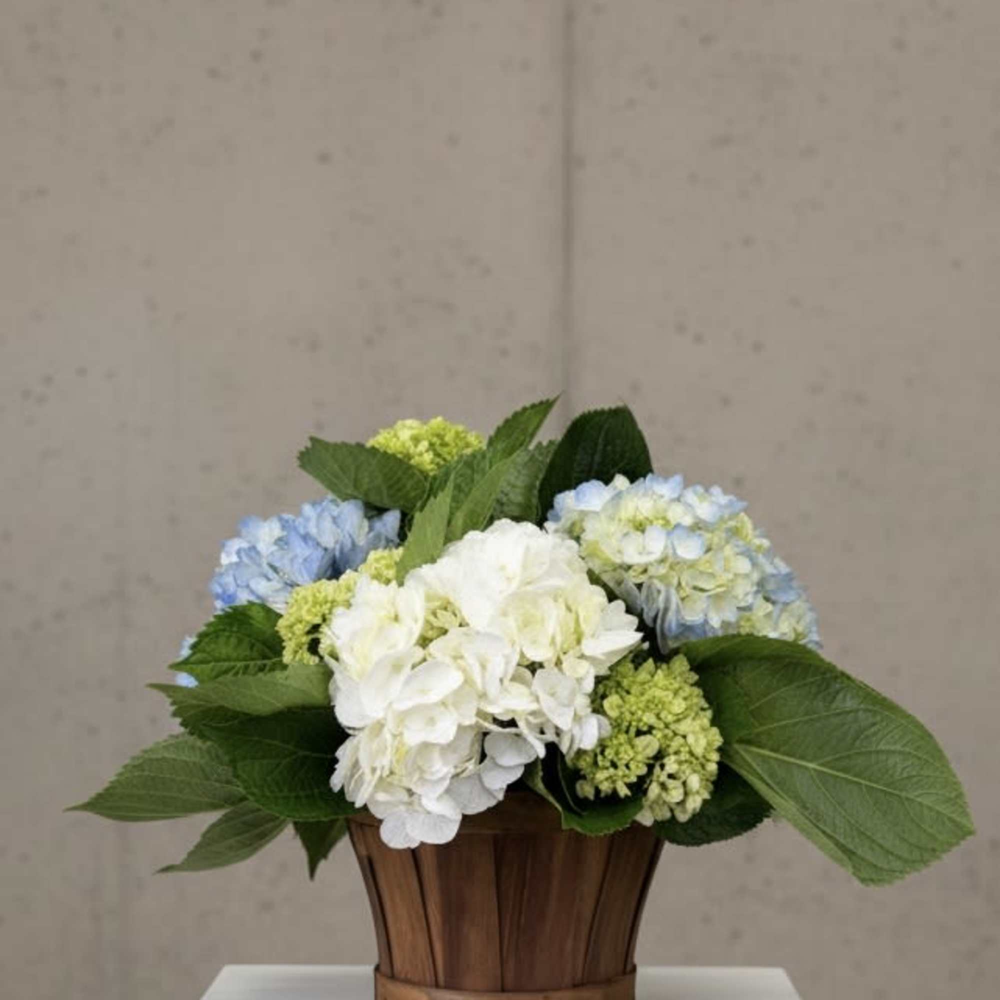 Hydrangea arrangement in a wooden basket