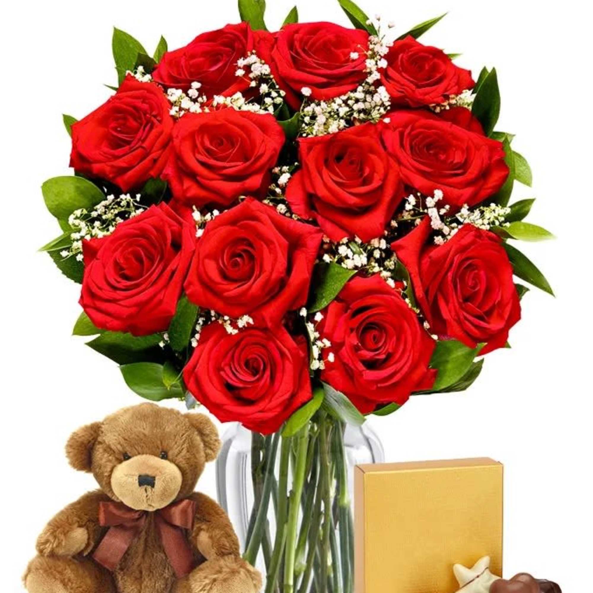 one dozen beautiful long stem roses 18 inch teddy bear and box