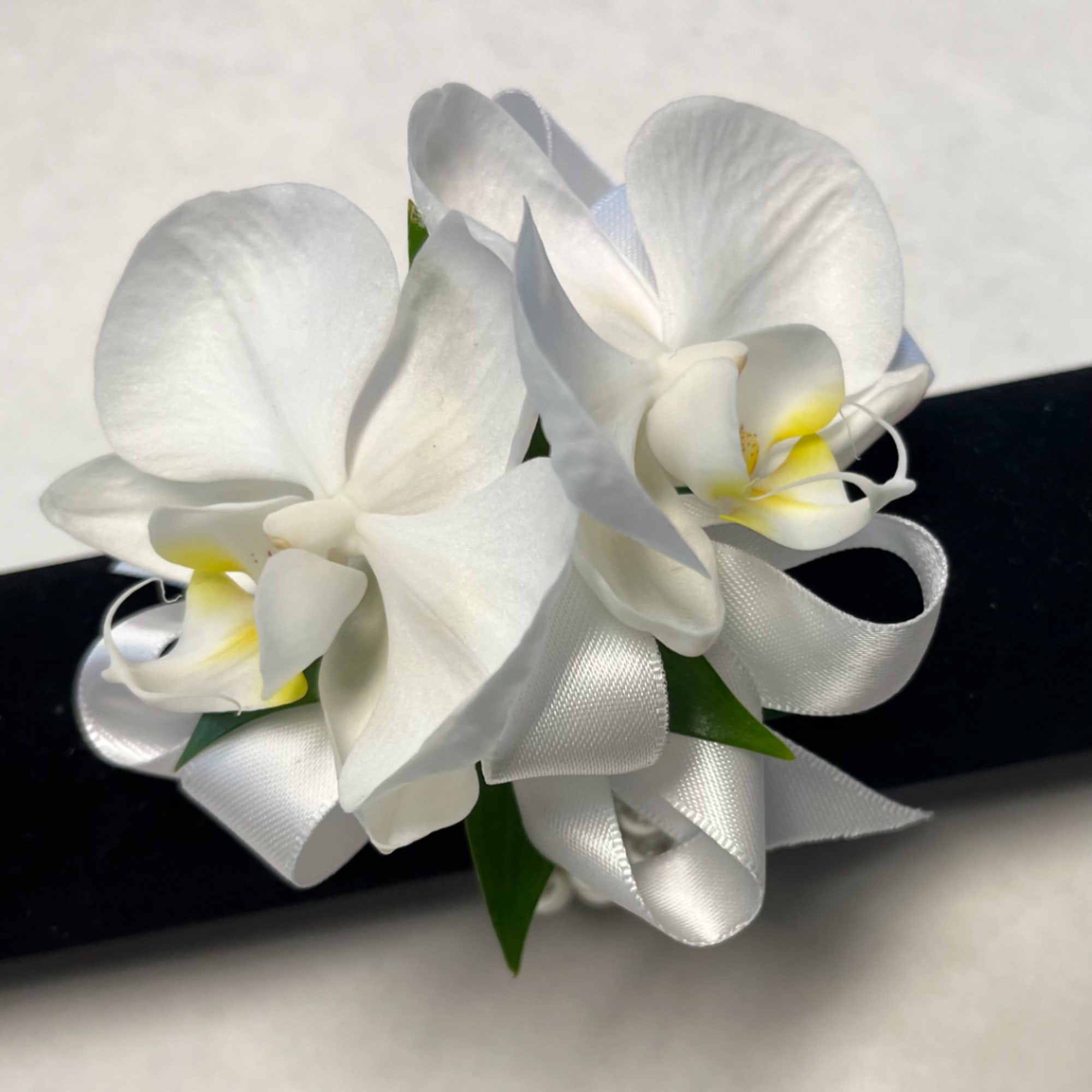 White orchid corsage with satin ribbon on a black band