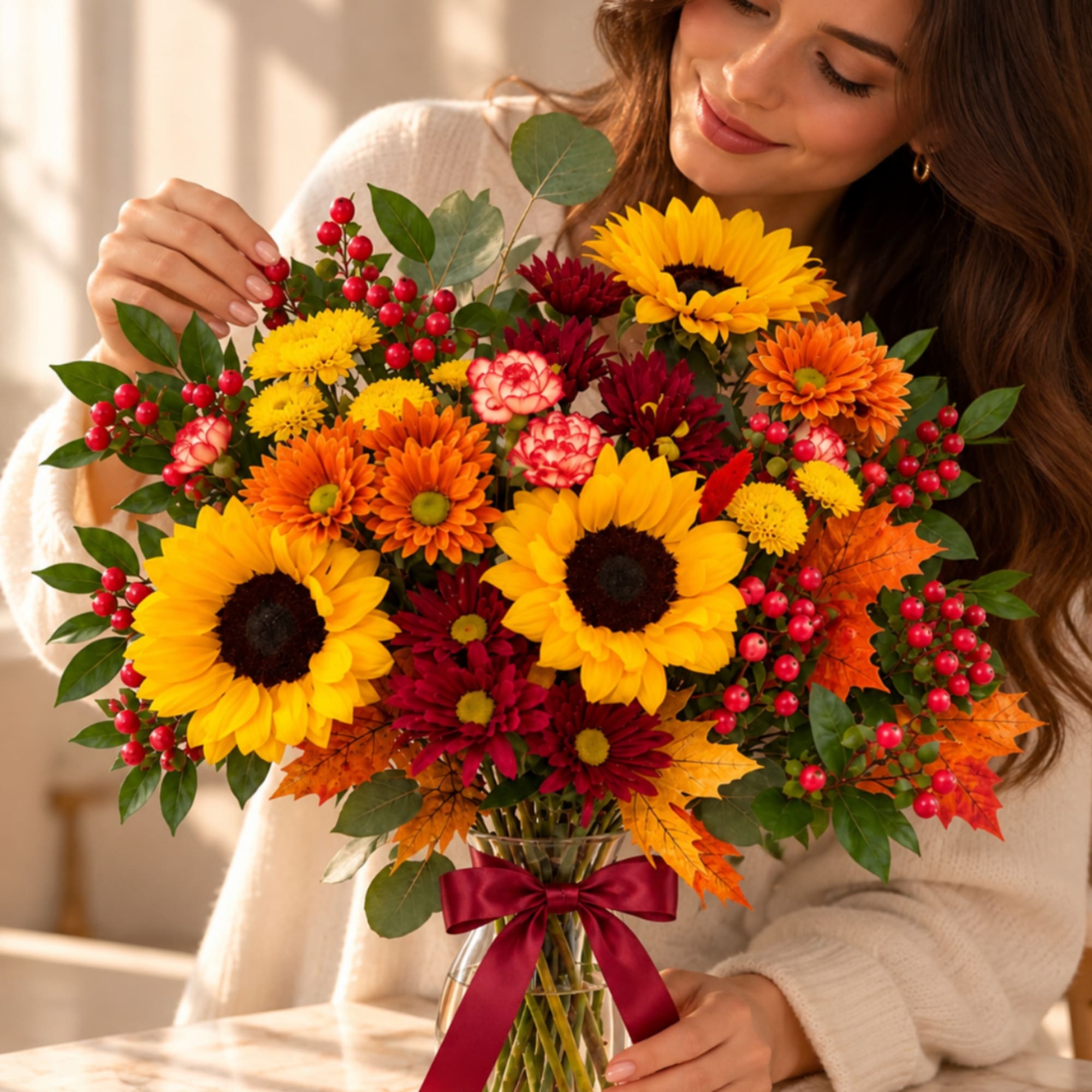 Bouquet of sunflowers, mums, and berries in a glass vase with a ribbon