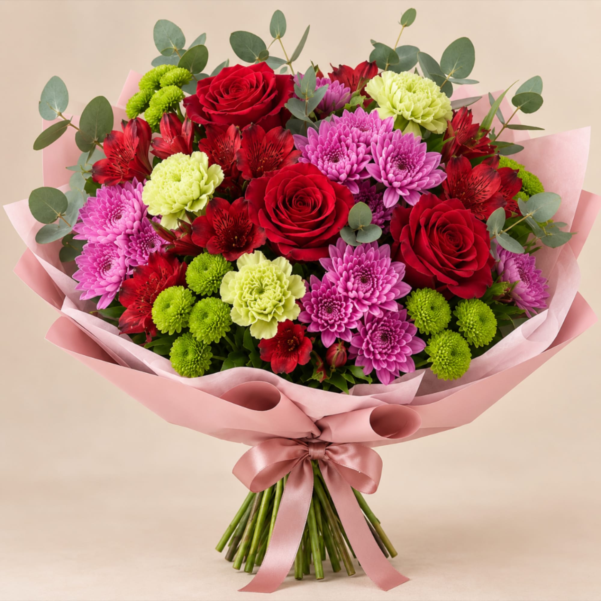 Bouquet of red roses, pink chrysanthemums, and green pompons wrapped in pink paper