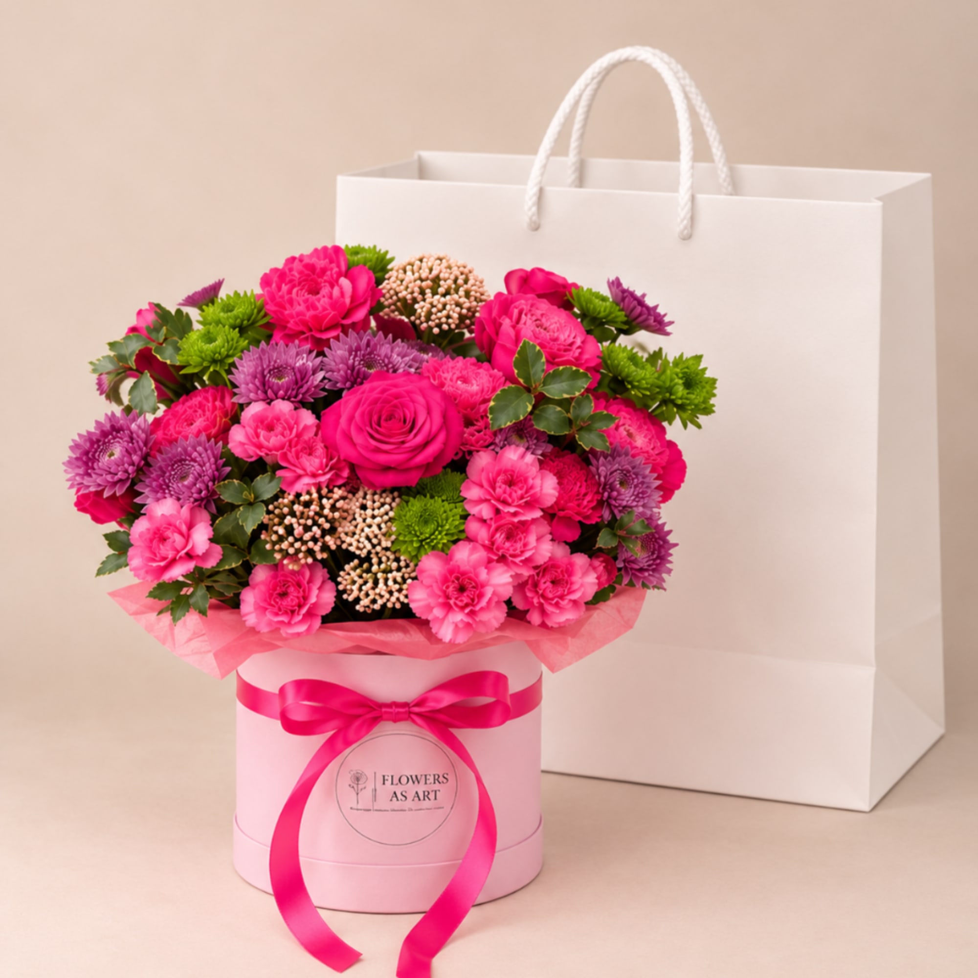Pink and purple flower arrangement in a round box with a ribbon, shown with a white shopping bag