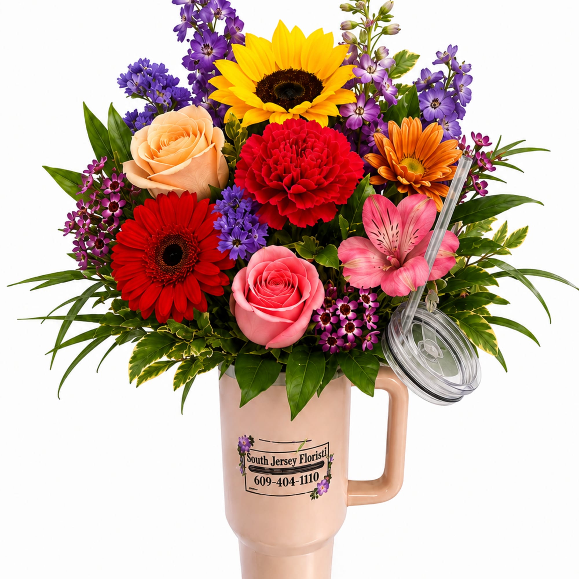 Colorful bouquet in a handled tumbler with a clear lid and straw