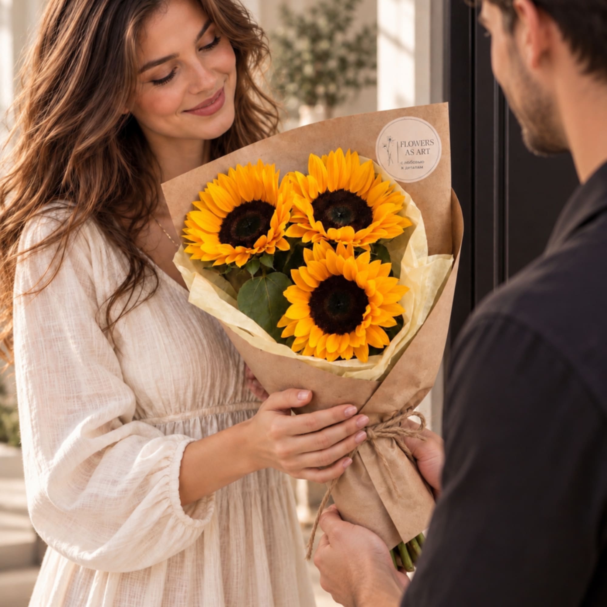 Woman holding a bouquet of sunflowers wrapped in brown paper, photo 3 of 3