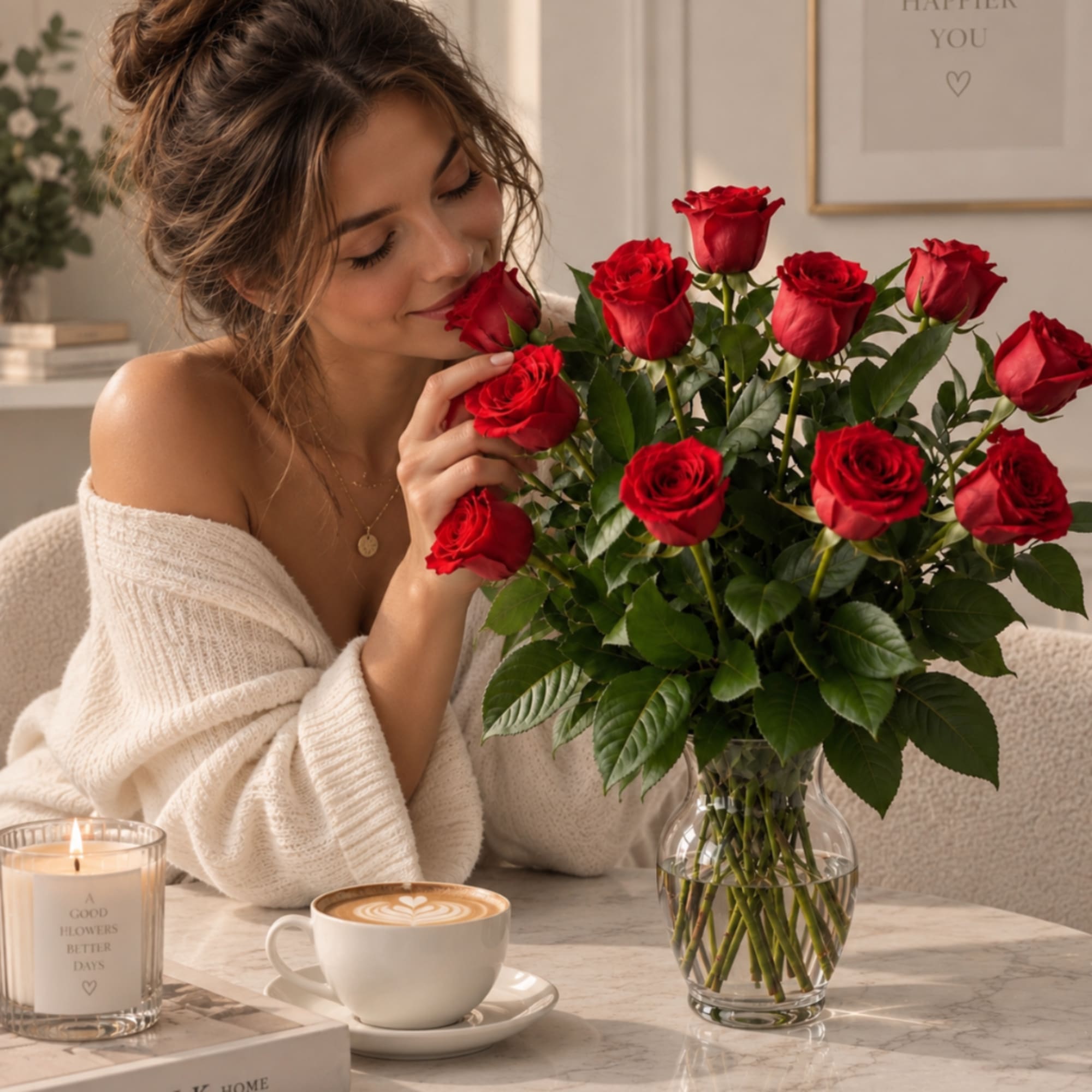 Woman holding a vase of red roses beside a lit candle and coffee cup