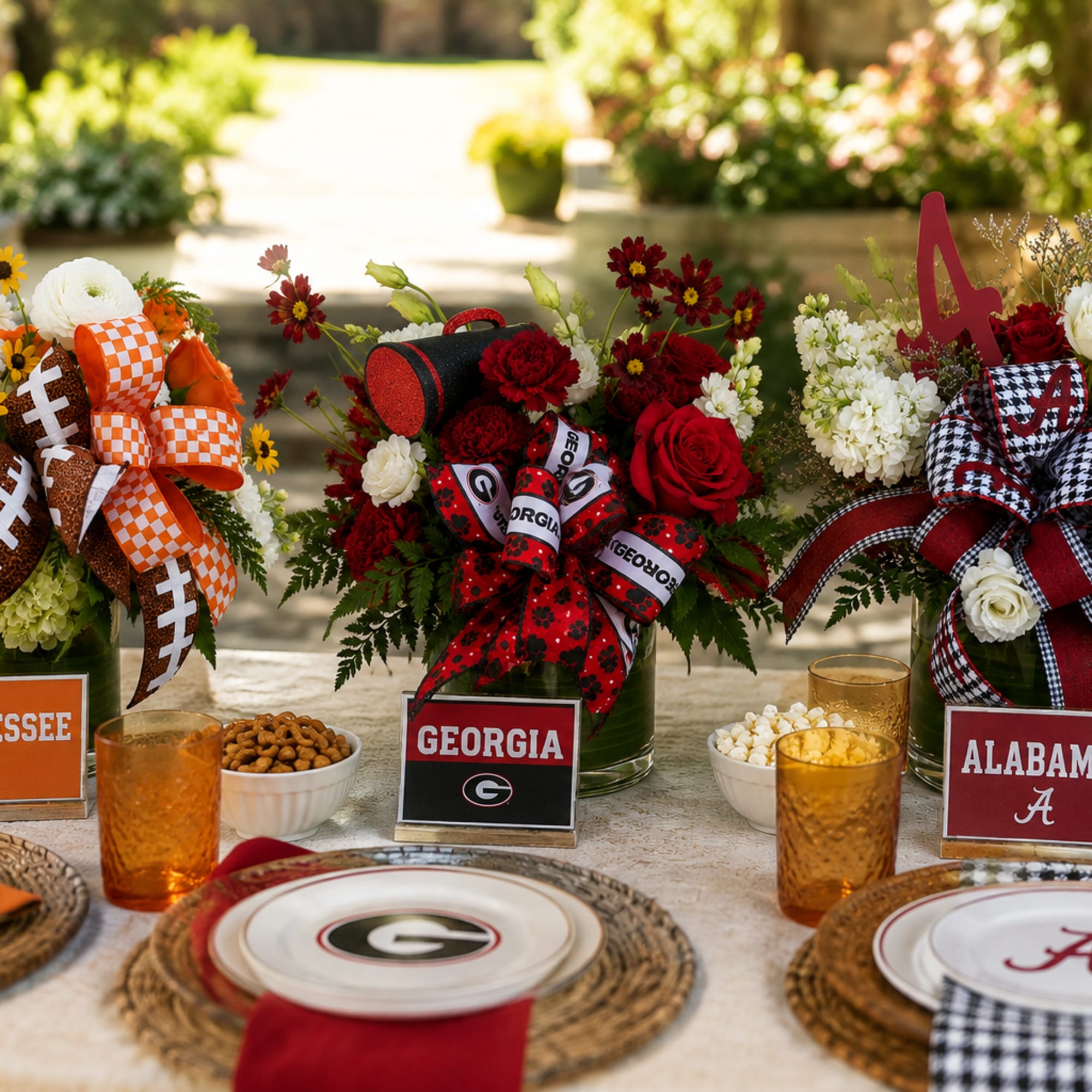 Three football-themed floral arrangements in glass vases with team ribbons and signs