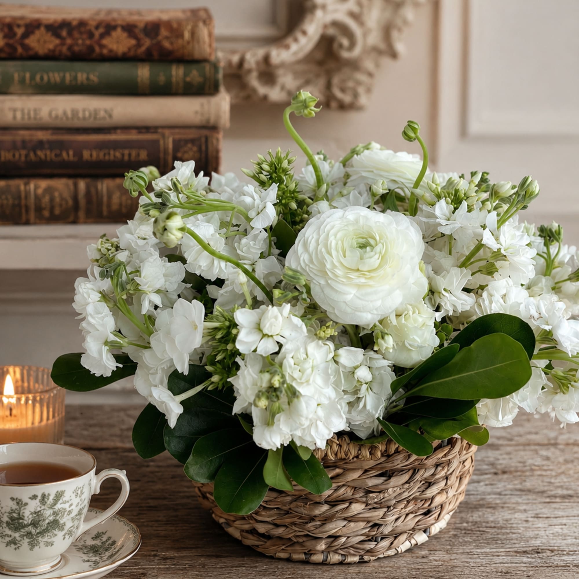 White flowers arranged in a woven basket with glossy green leaves