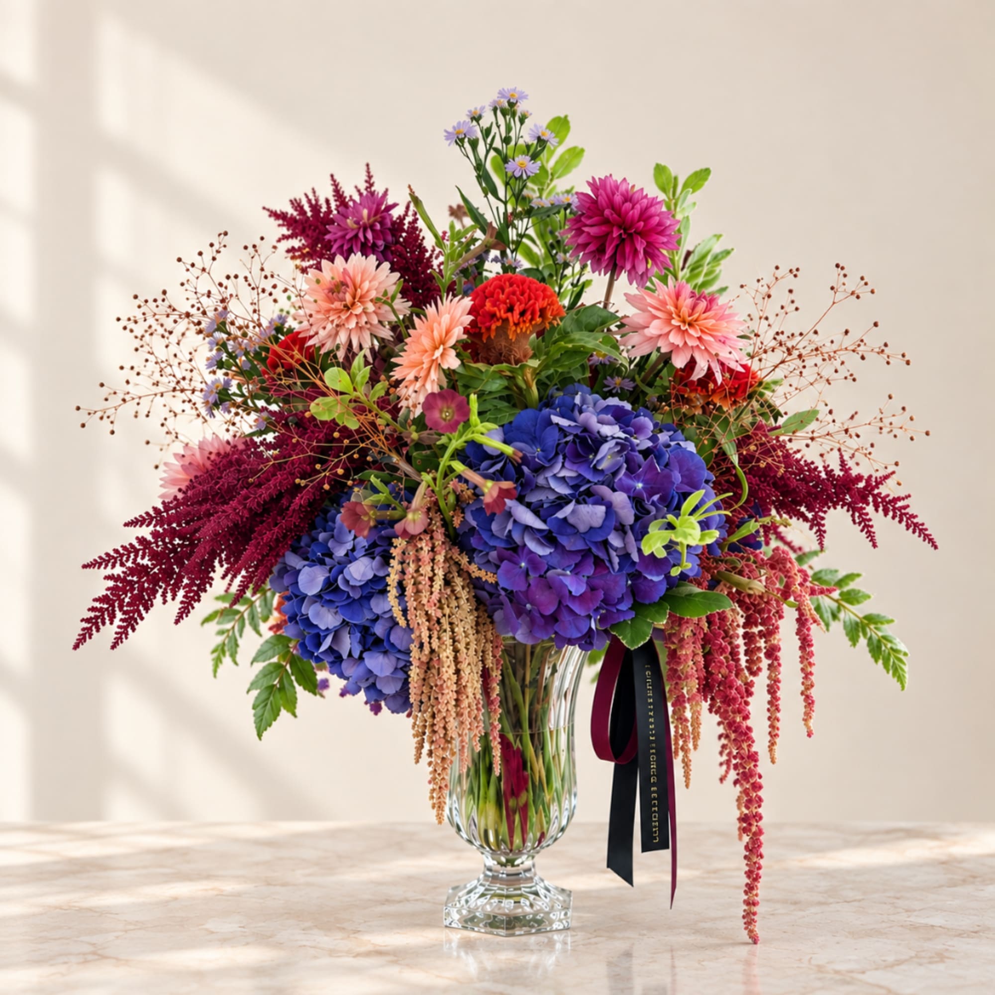 Colorful mixed bouquet in a clear glass vase with hydrangeas and dahlias