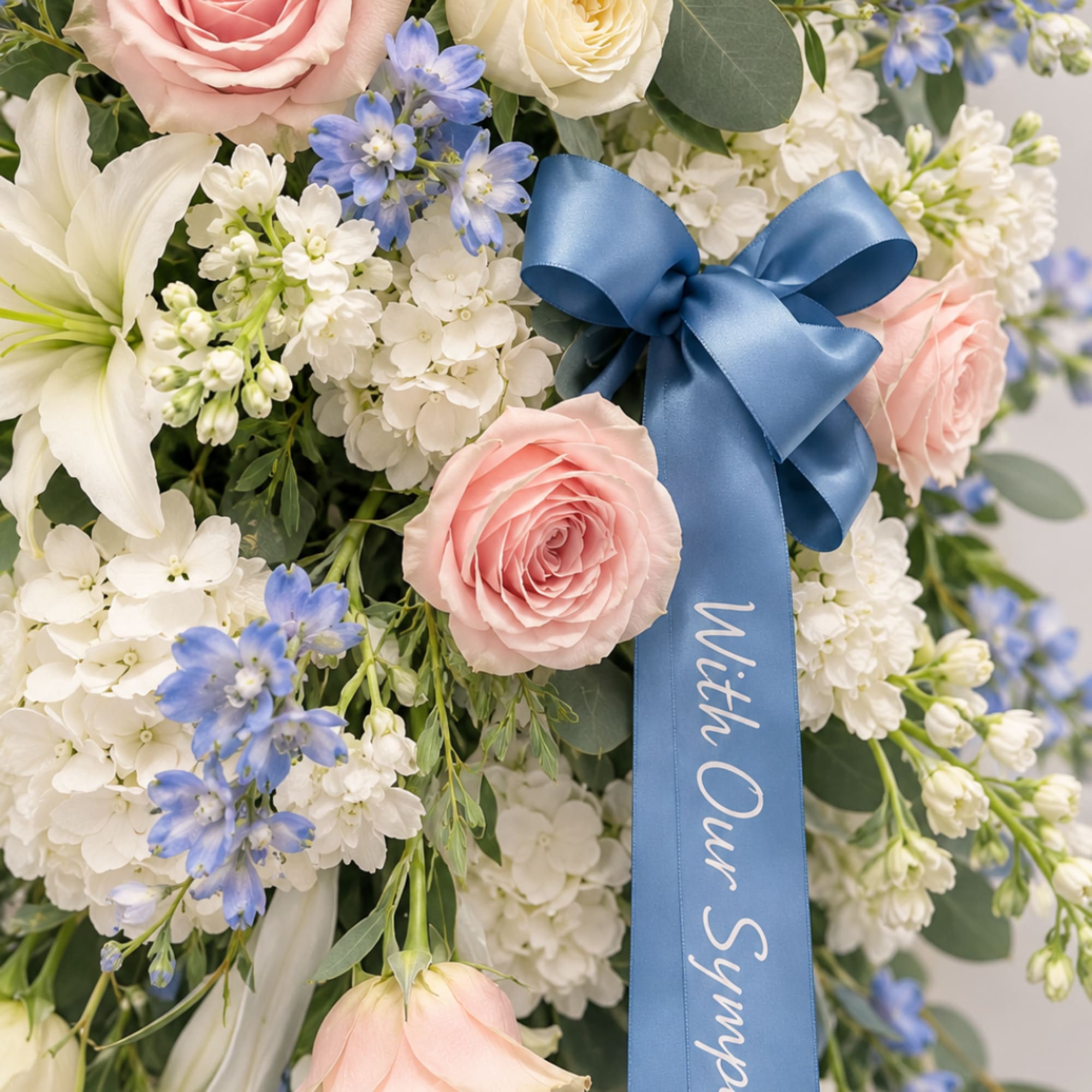 Pastel floral arrangement with pink roses, white lilies, and a blue ribbon