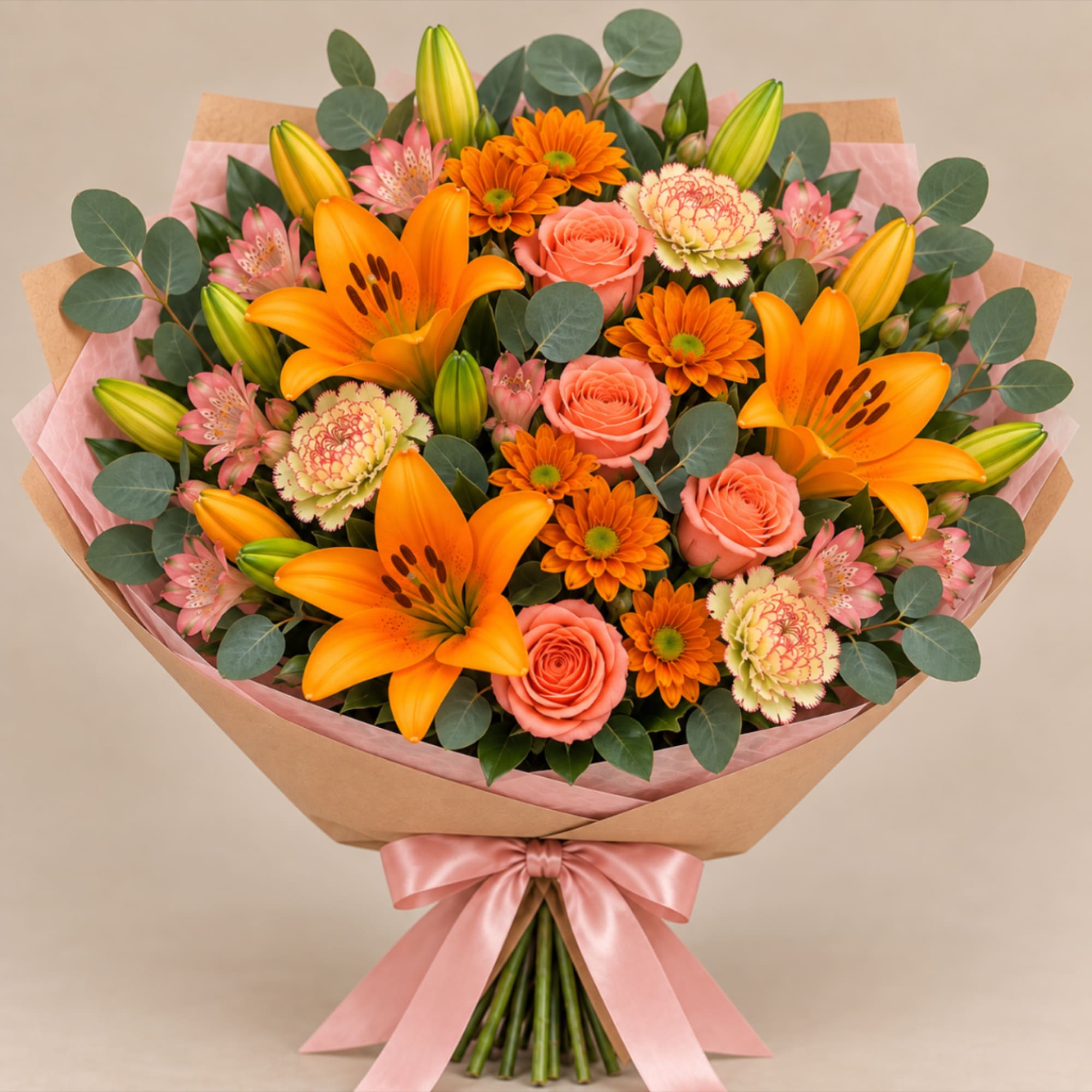 Bouquet of orange lilies, pink roses, and orange daisies wrapped in pink paper