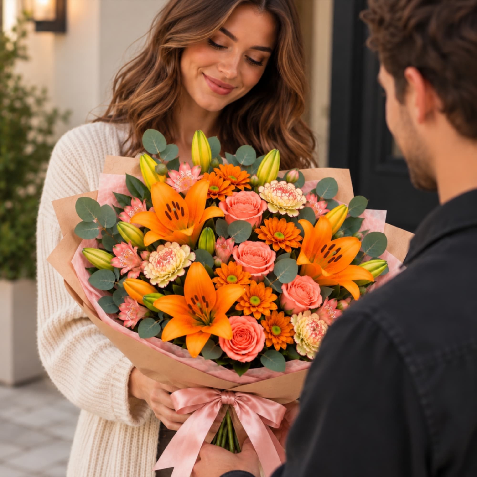 Bouquet of orange lilies, pink roses, and orange daisies wrapped in paper