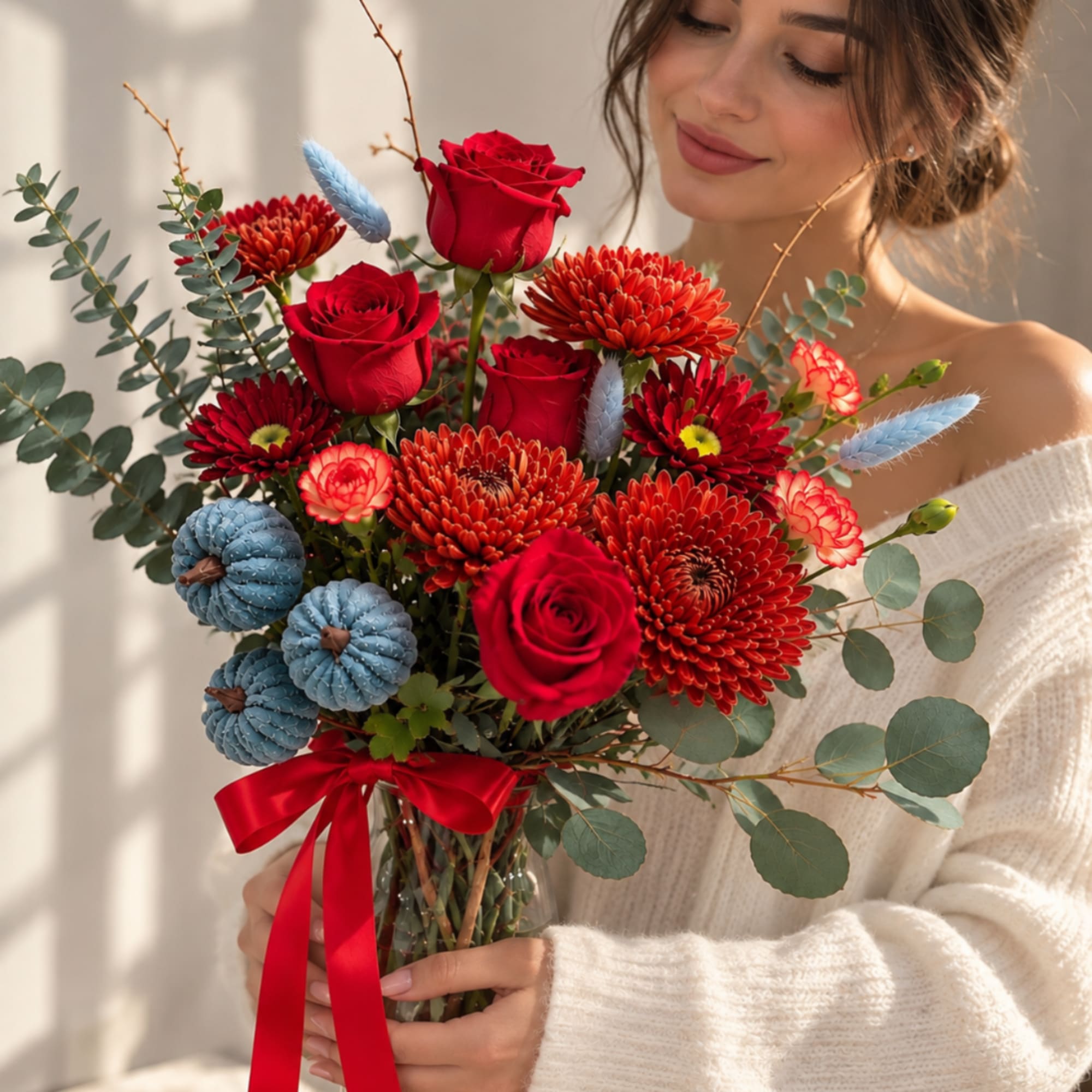 Woman holding a bouquet of red roses and orange chrysanthemums in a glass vase