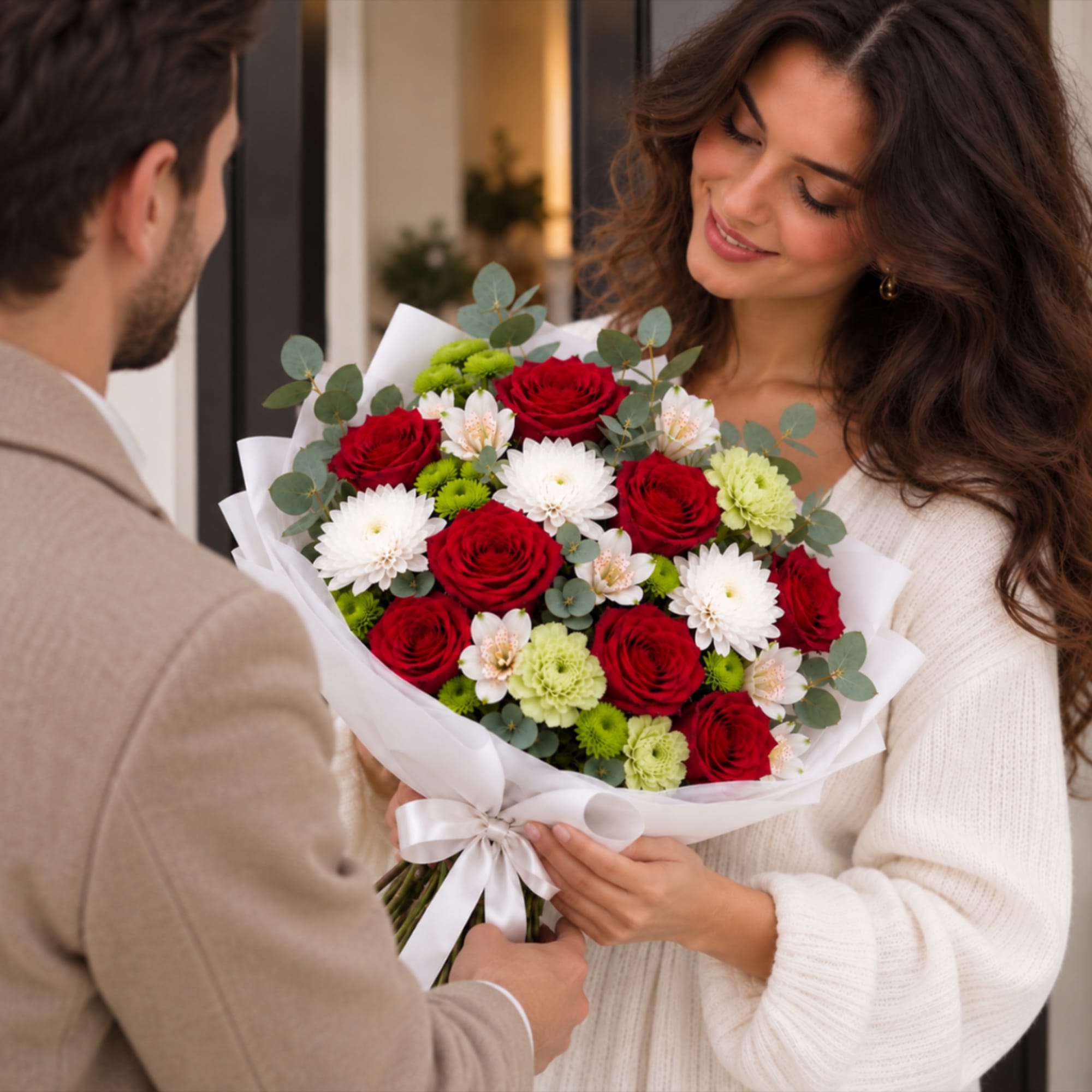 Bouquet of red roses, white blooms, and green filler wrapped in white paper