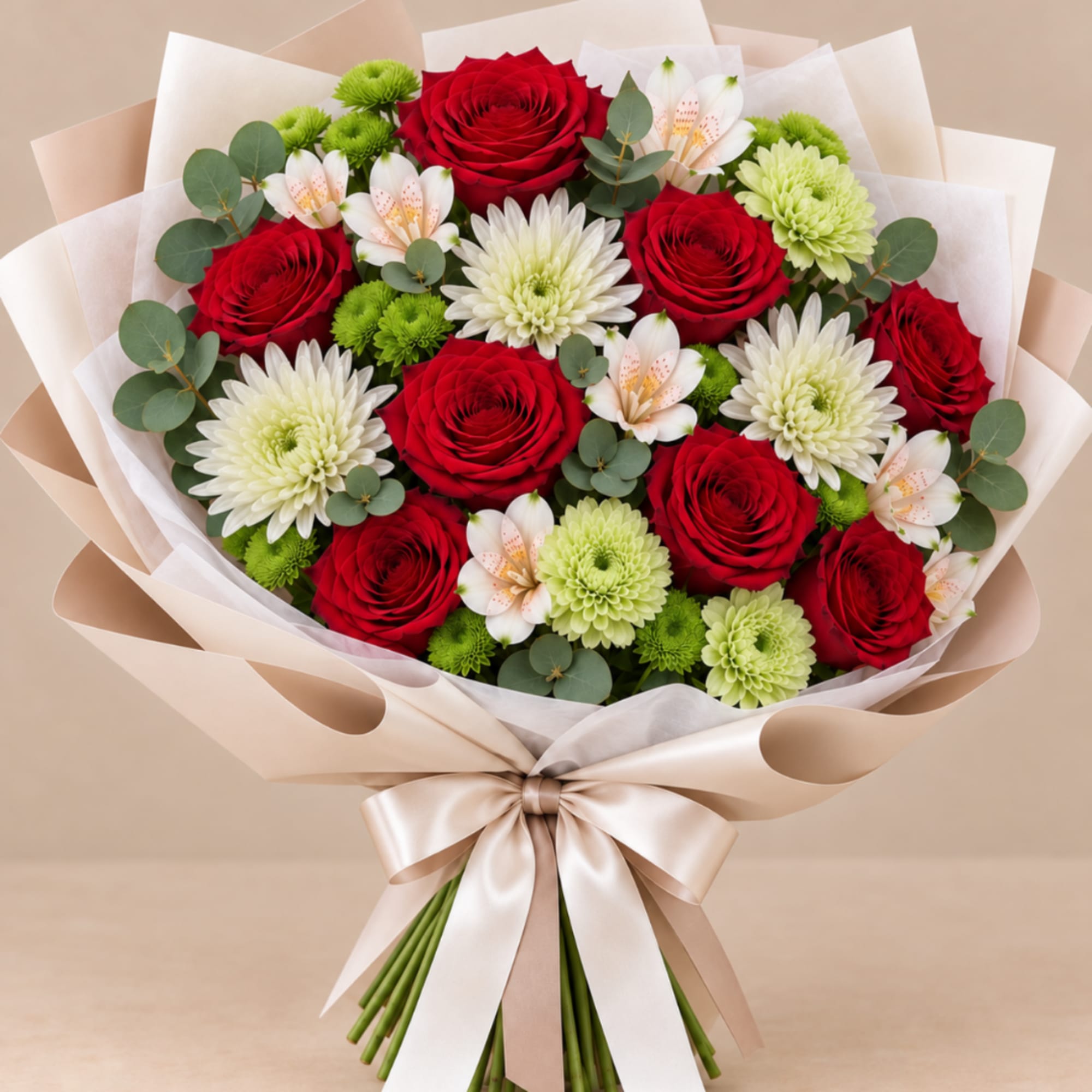 Bouquet of red roses, white chrysanthemums, and pale pink flowers wrapped in satin ribbon