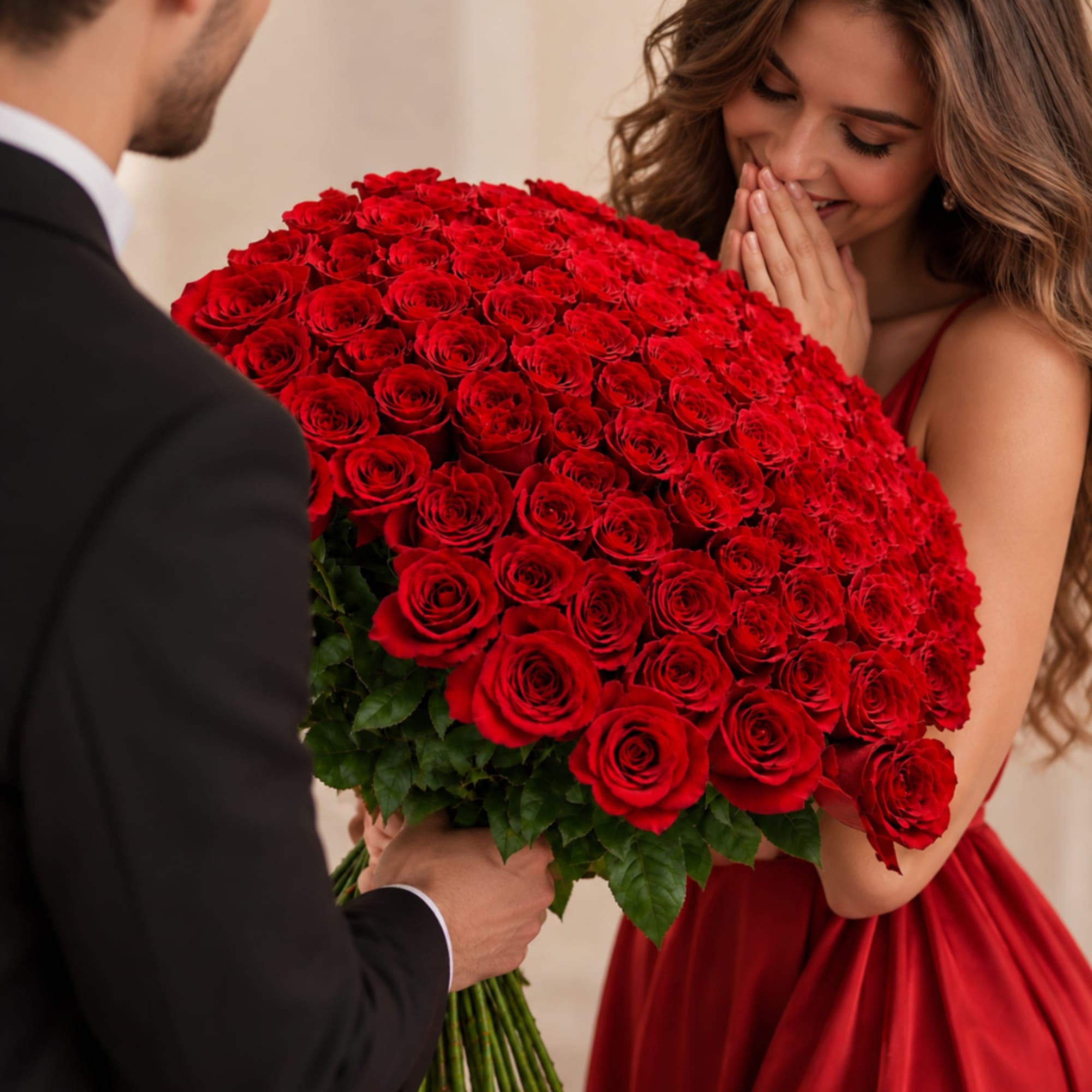 Large bouquet of red roses being presented to a woman in a red dress