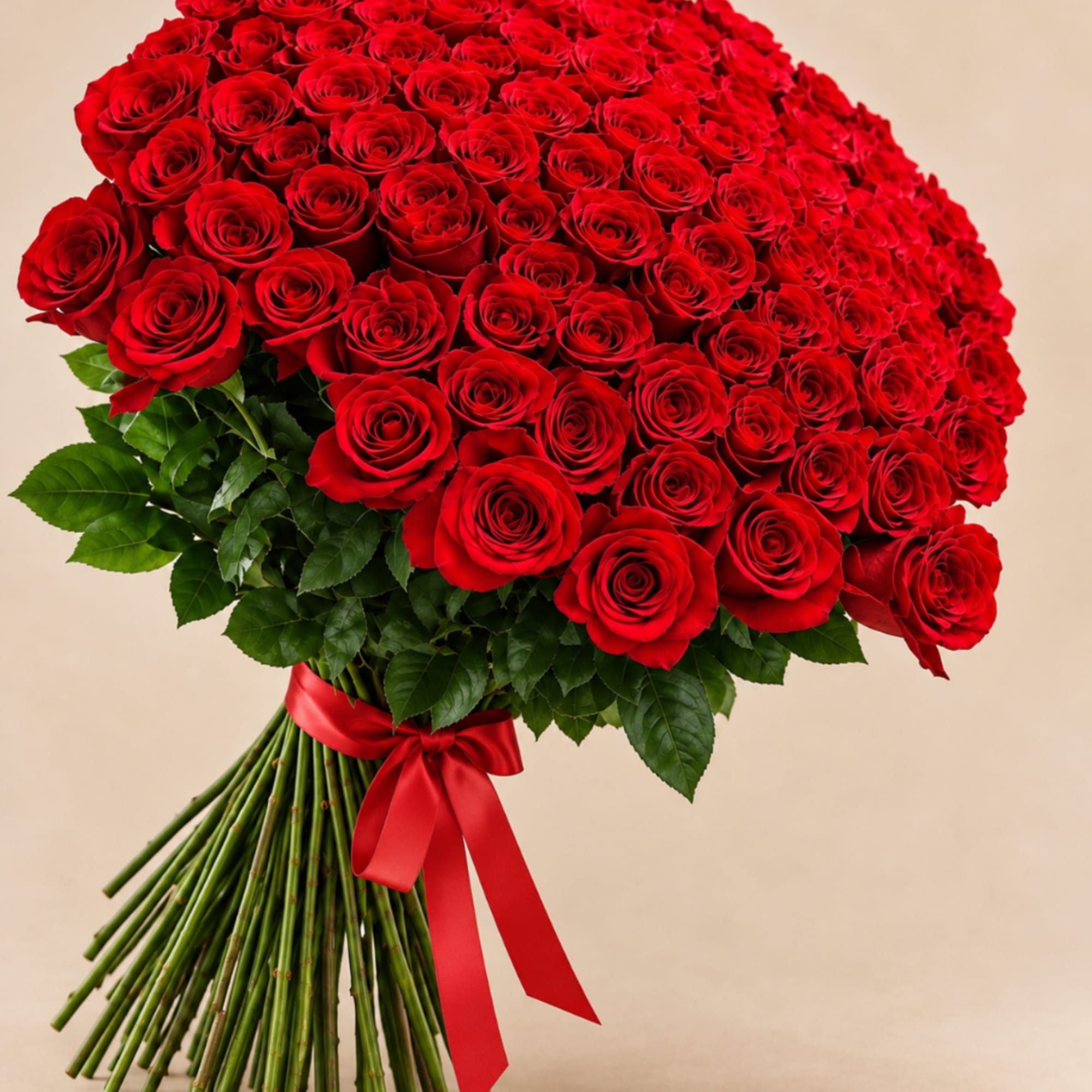 Large bouquet of red roses tied with a red ribbon
