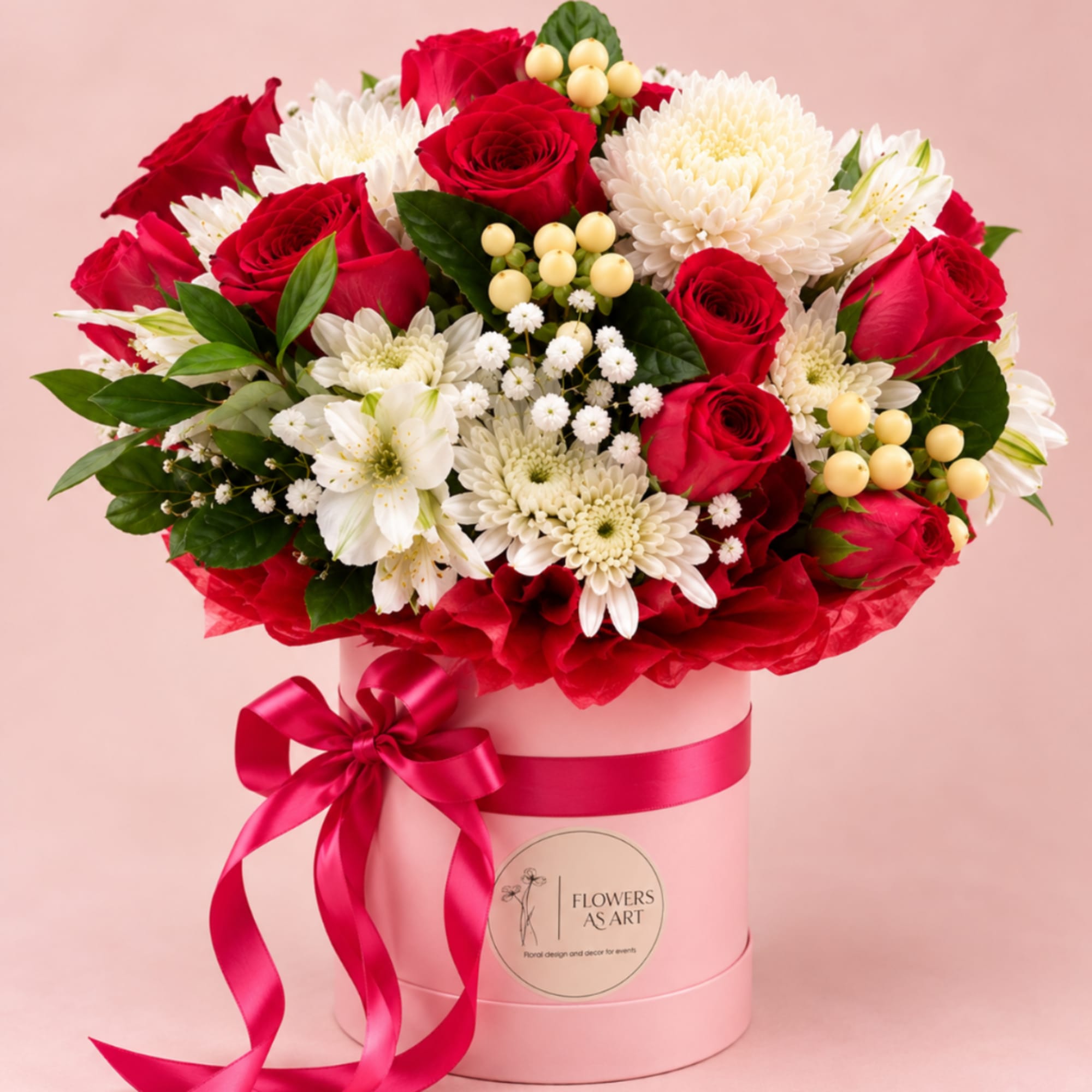 Red and white flower arrangement in a pink hat box with a ribbon bow