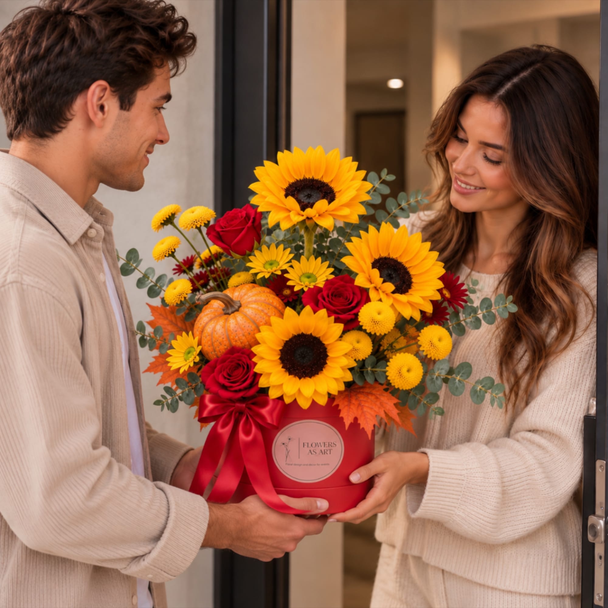 Sunflower and rose arrangement in a red hat box with a ribbon