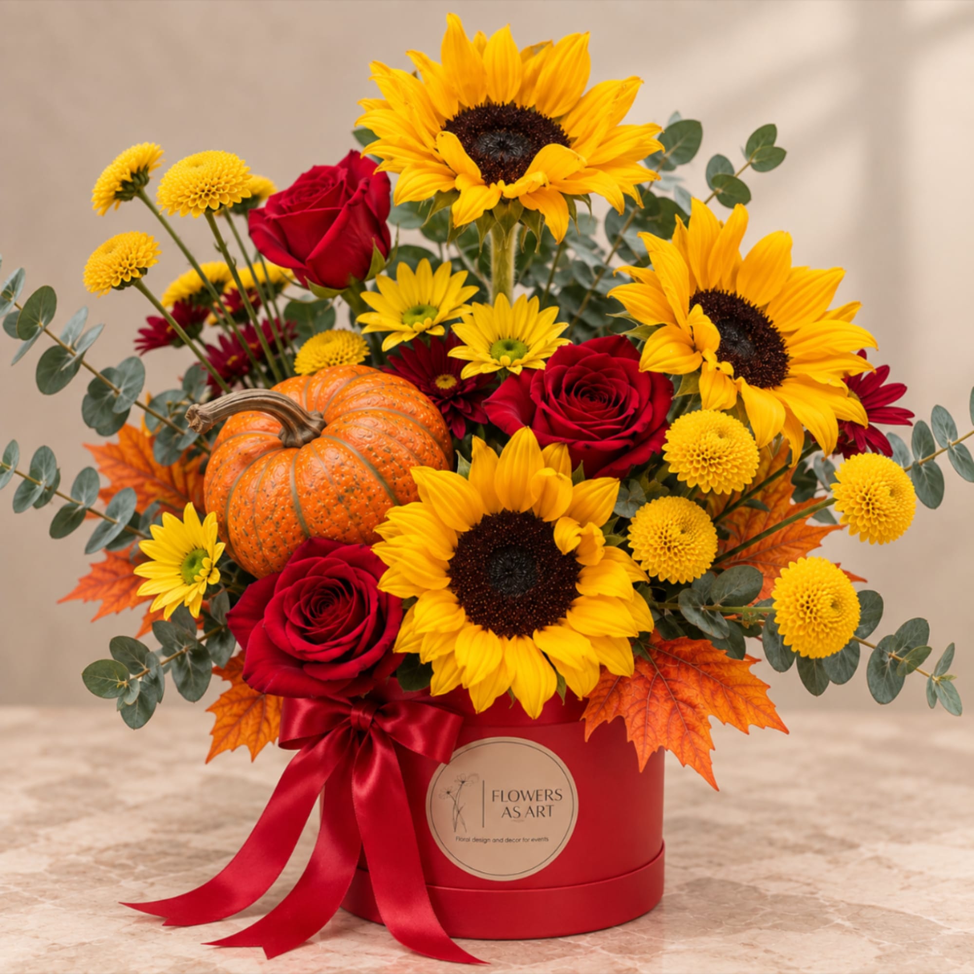 Sunflowers and red roses arranged in a red box with a small pumpkin