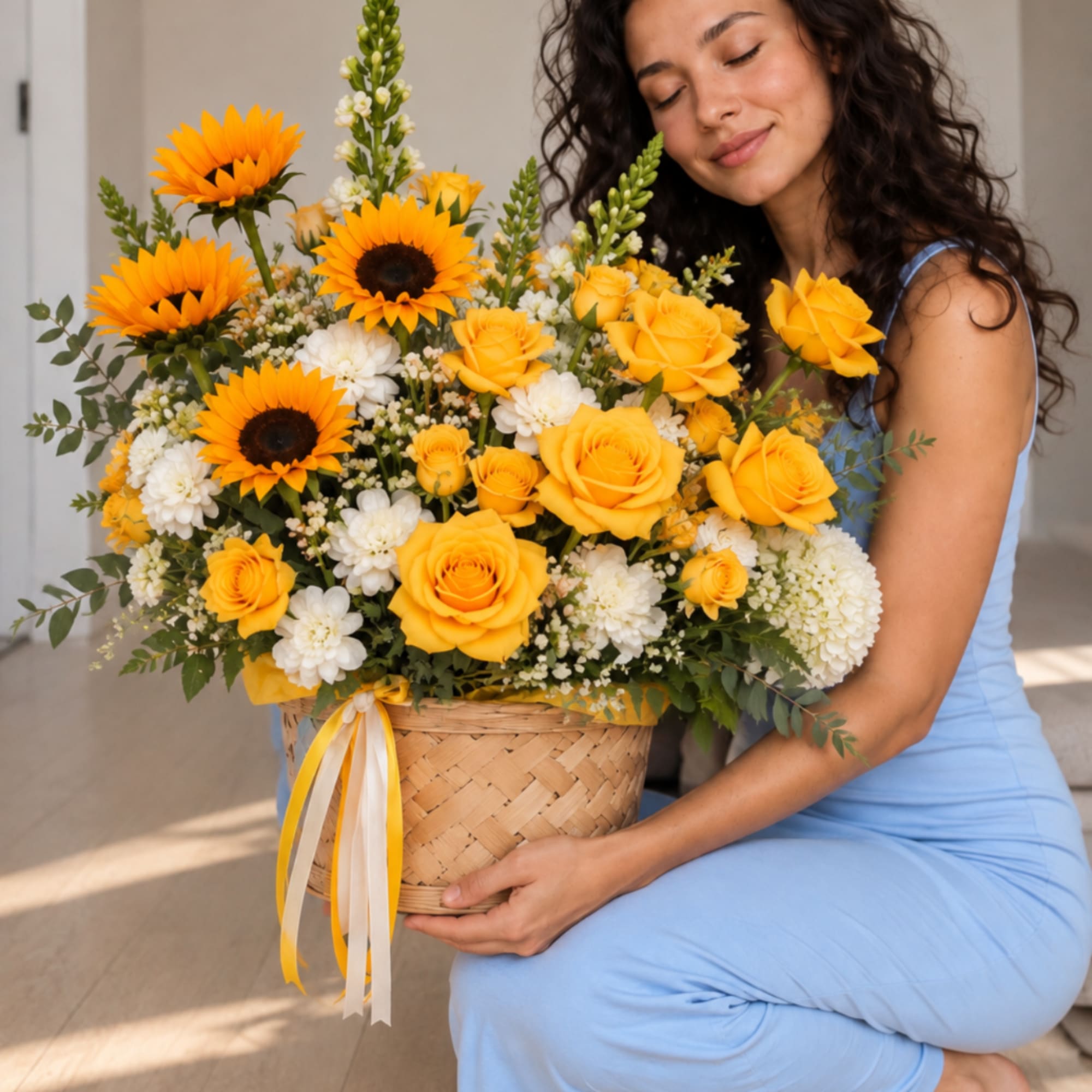 Woman holding a basket of yellow roses, sunflowers, and white flowers