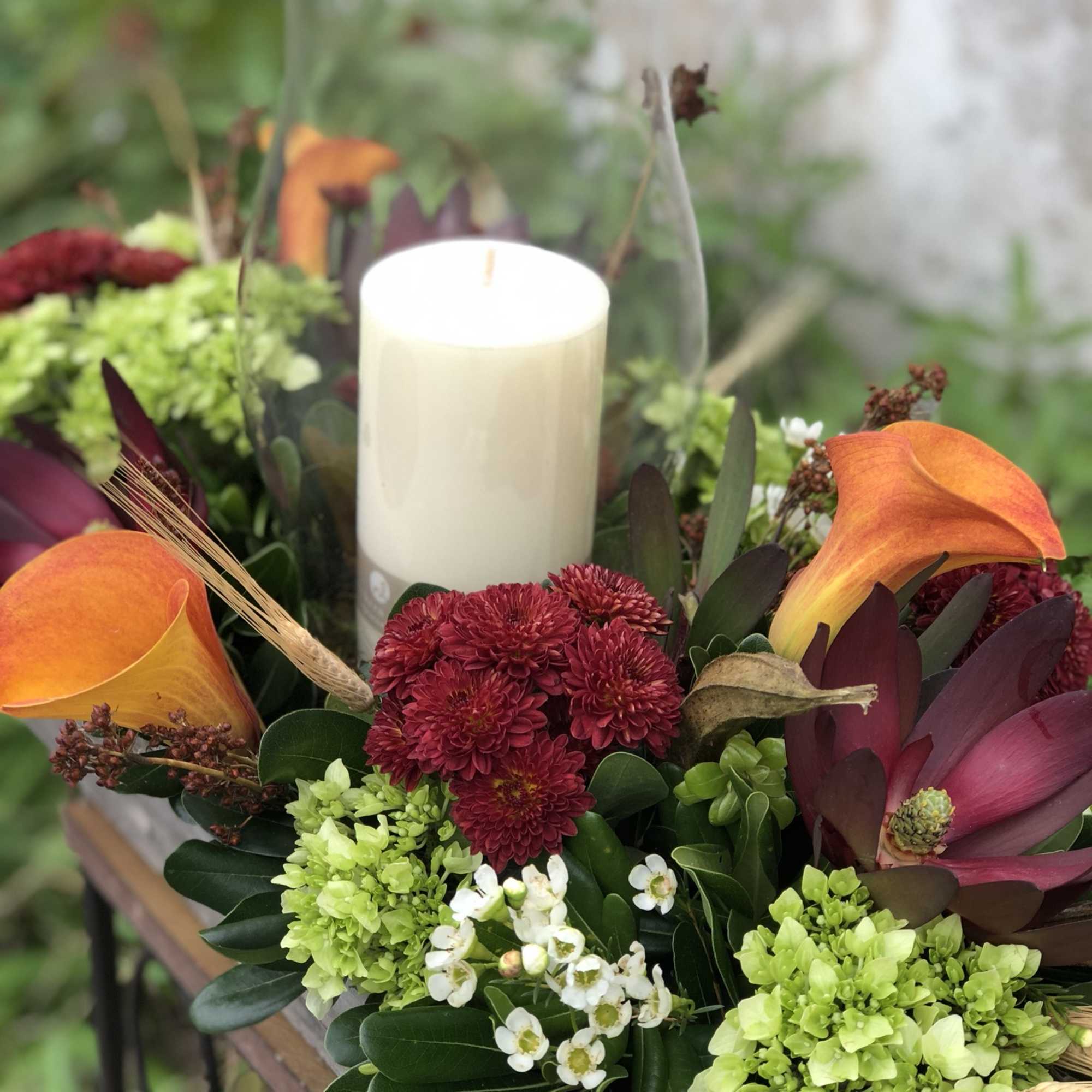 Rustic yet elegant, this unique centerpiece has loads of bright fall colors, photo 5 of 5