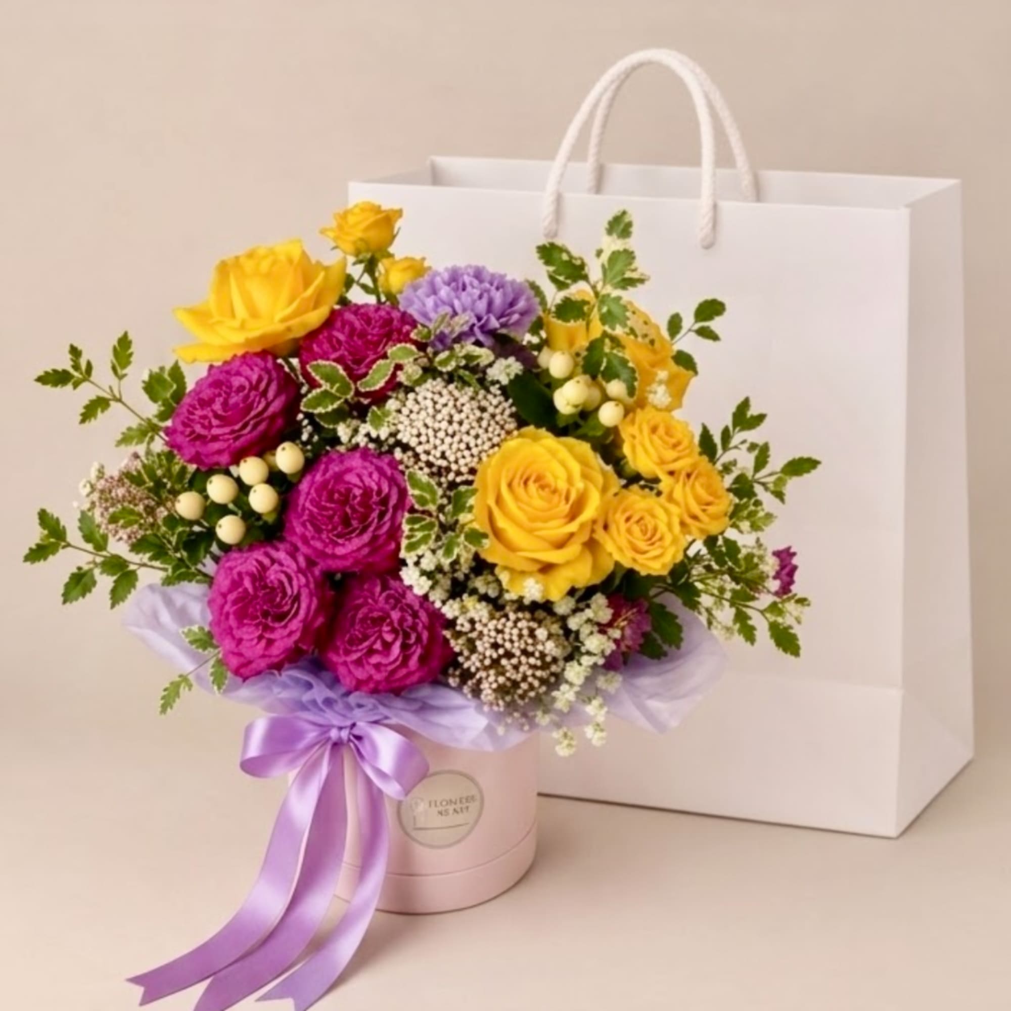 Bouquet of yellow and magenta roses in a pink box with a purple ribbon