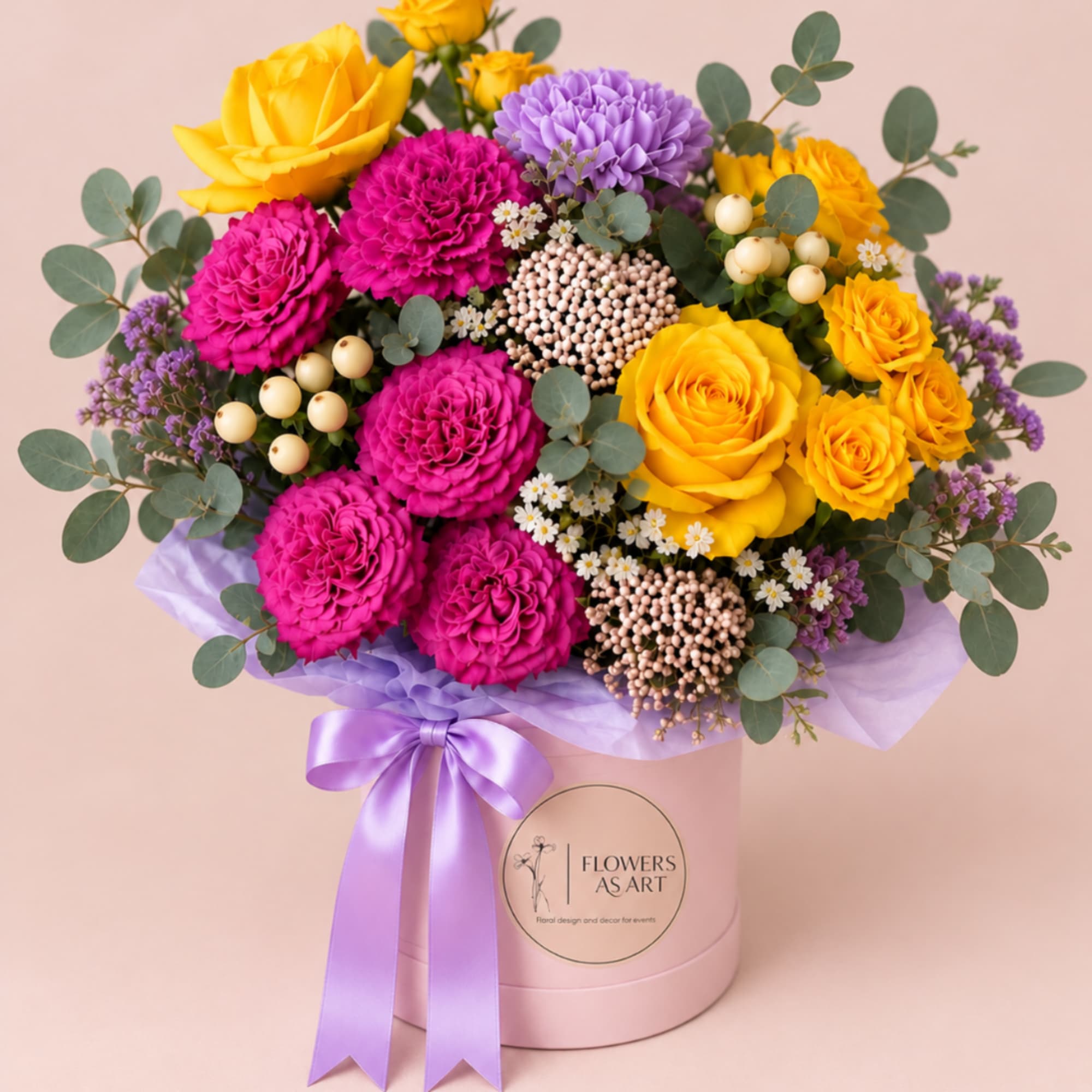 Bouquet of yellow and magenta roses in a pink box with a purple ribbon