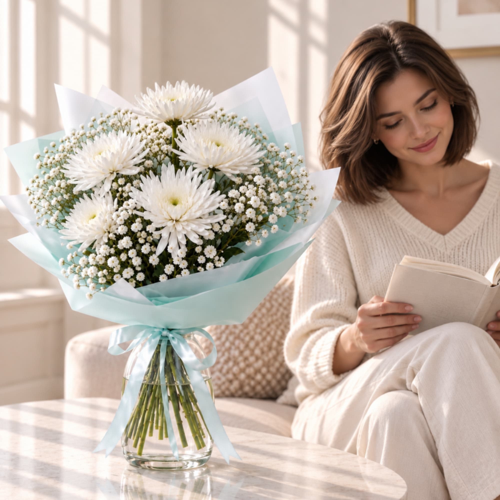 White daisy bouquet in a clear vase with pale blue wrap