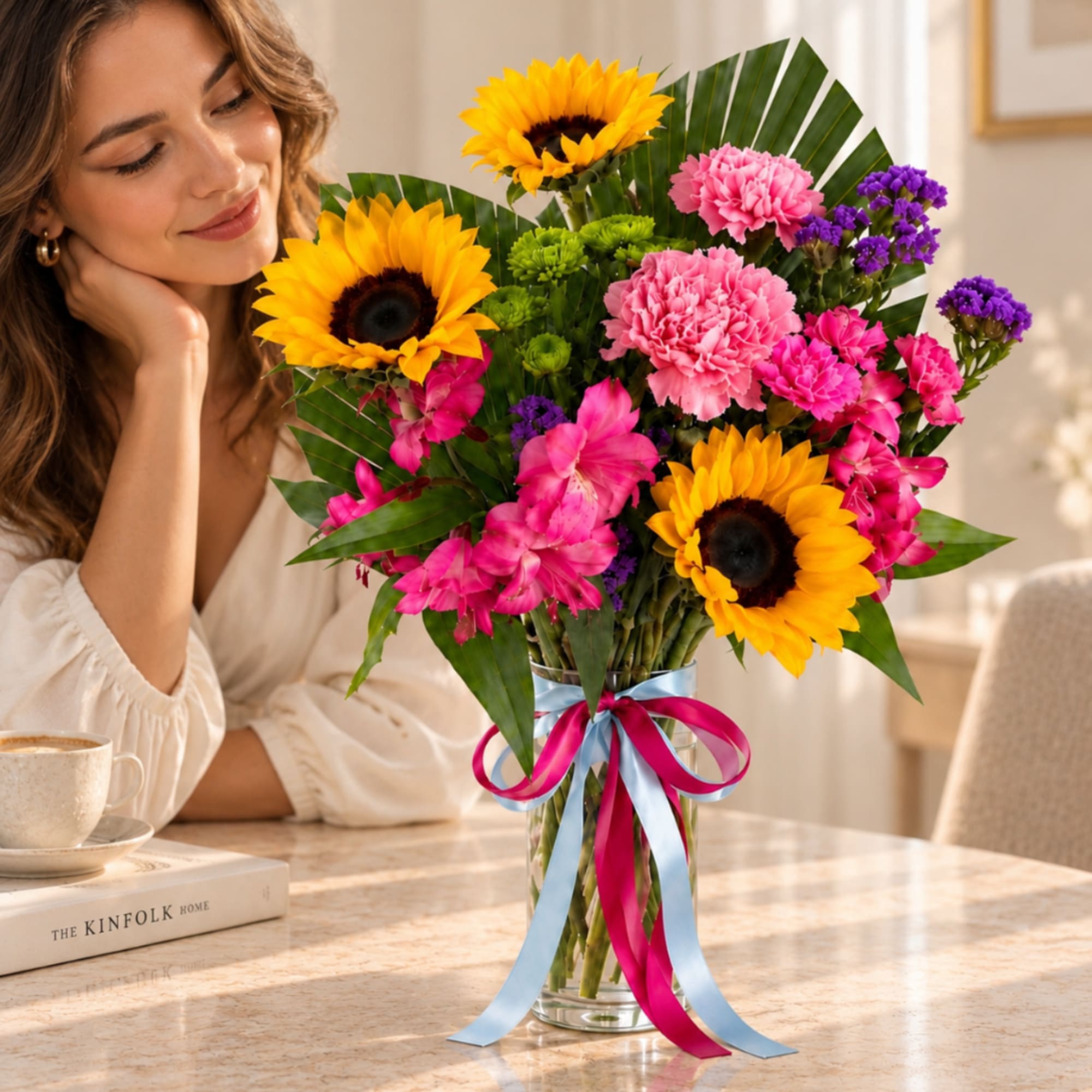 Bright mixed bouquet in a glass vase with ribbon