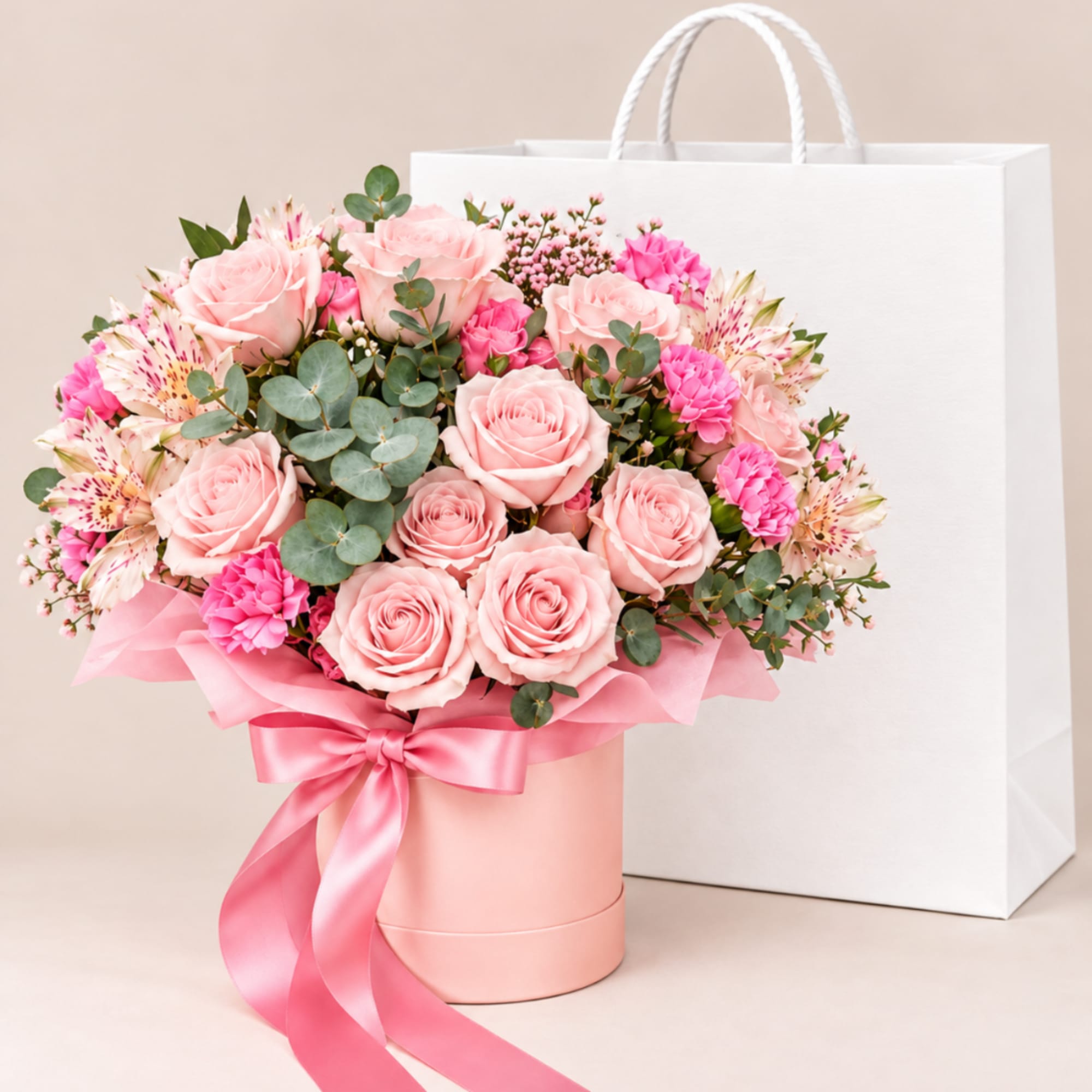 Pink rose bouquet in a round box with a satin ribbon