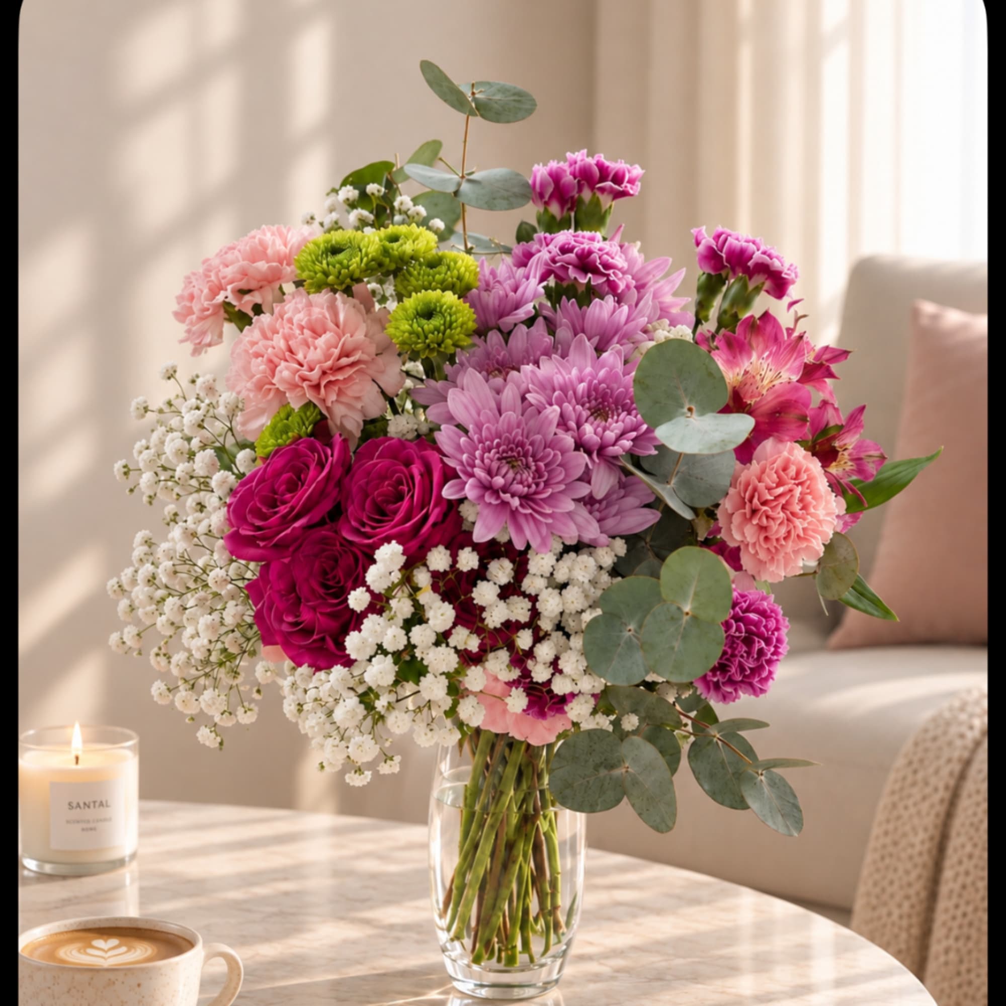 Bouquet of pink, purple, and white flowers in a clear glass vase