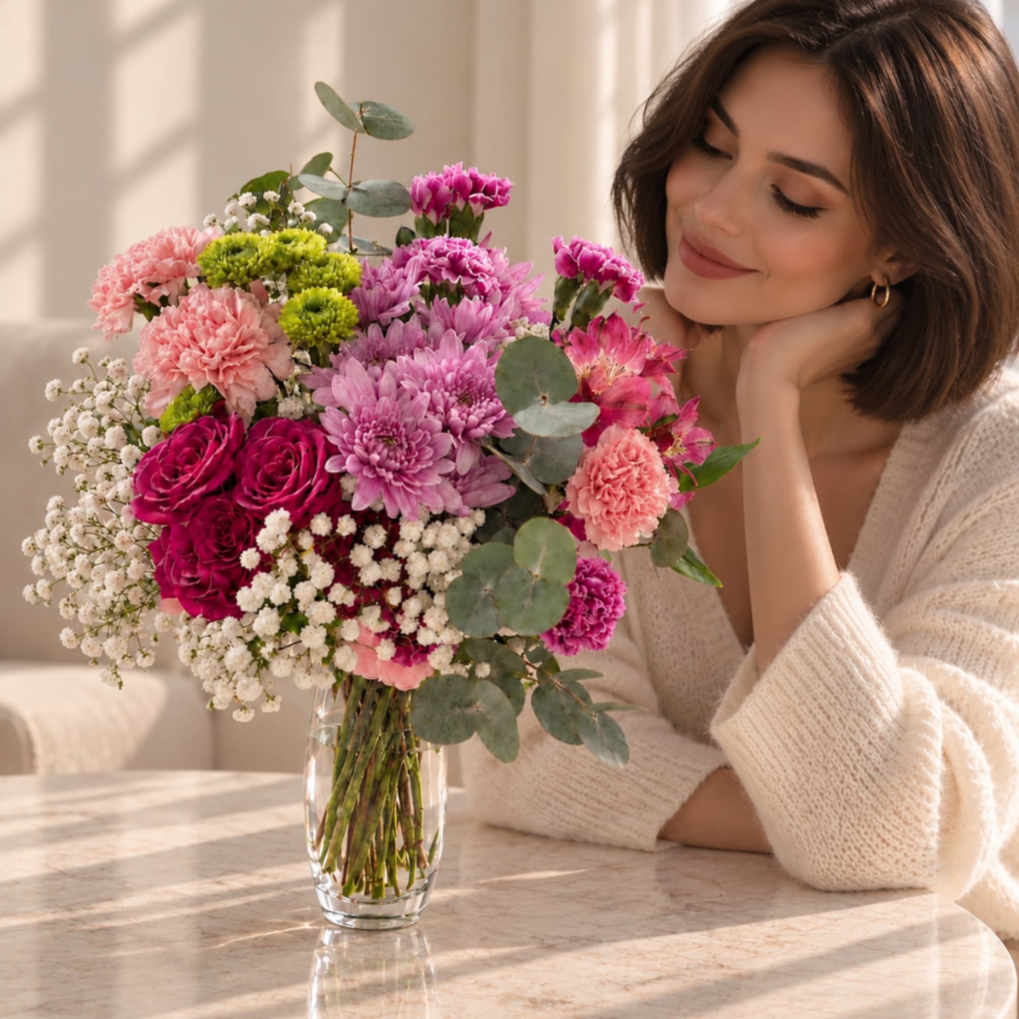 Bouquet of pink and purple flowers in a clear glass vase
