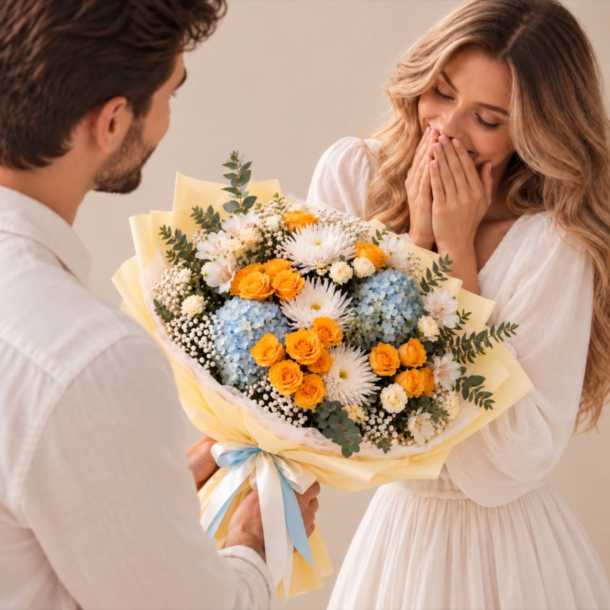 Bouquet of yellow roses, blue hydrangeas, and white daisies wrapped in pale paper, photo 3 of 4