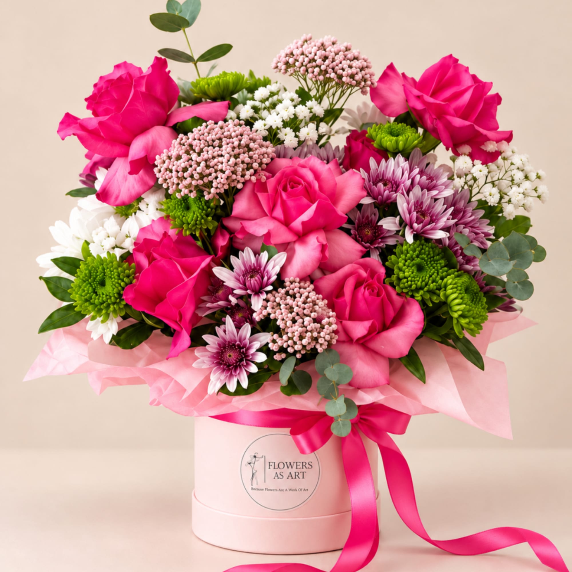 Pink rose bouquet with purple daisies in a pale pink box