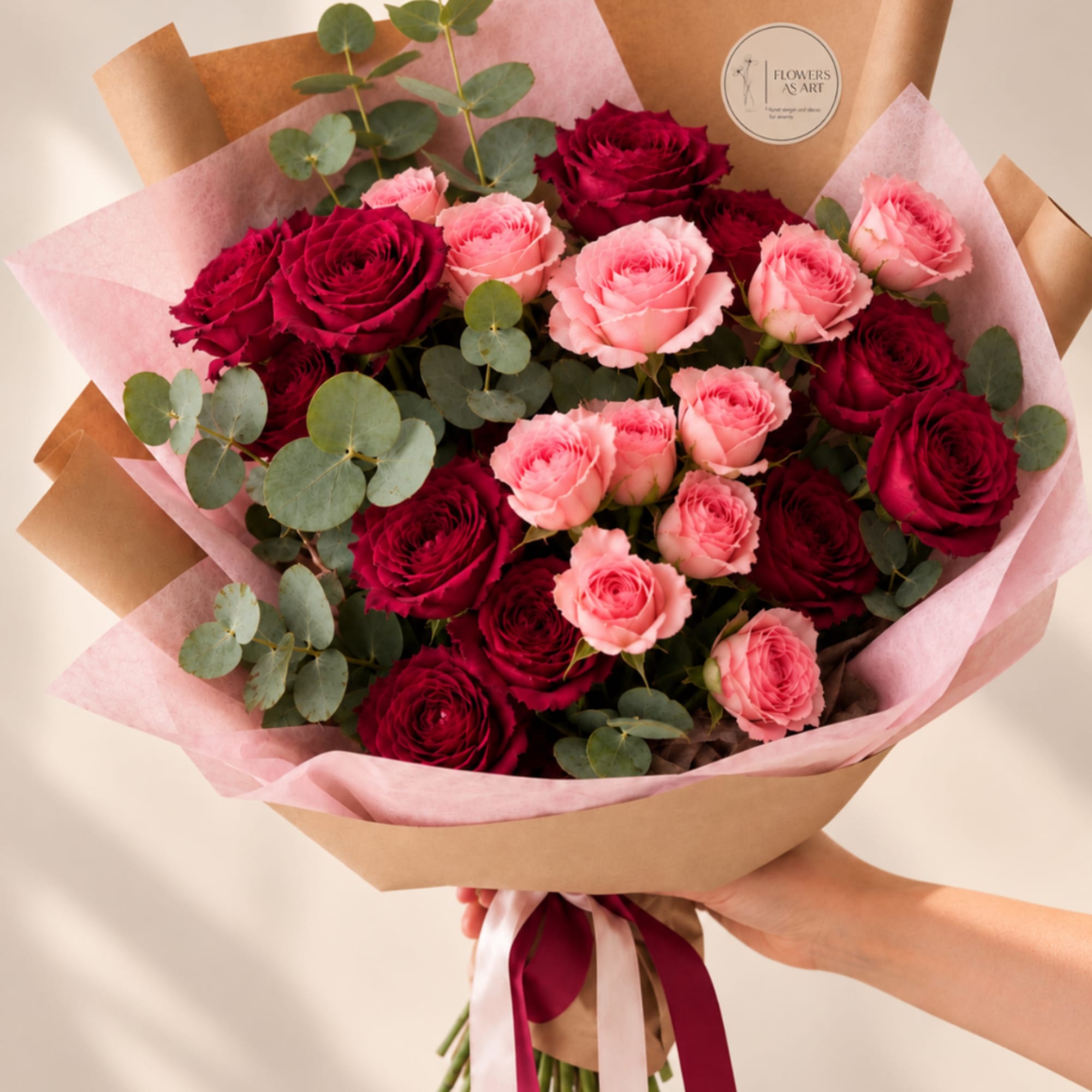 Bouquet of pink and deep red roses wrapped in pink and kraft paper