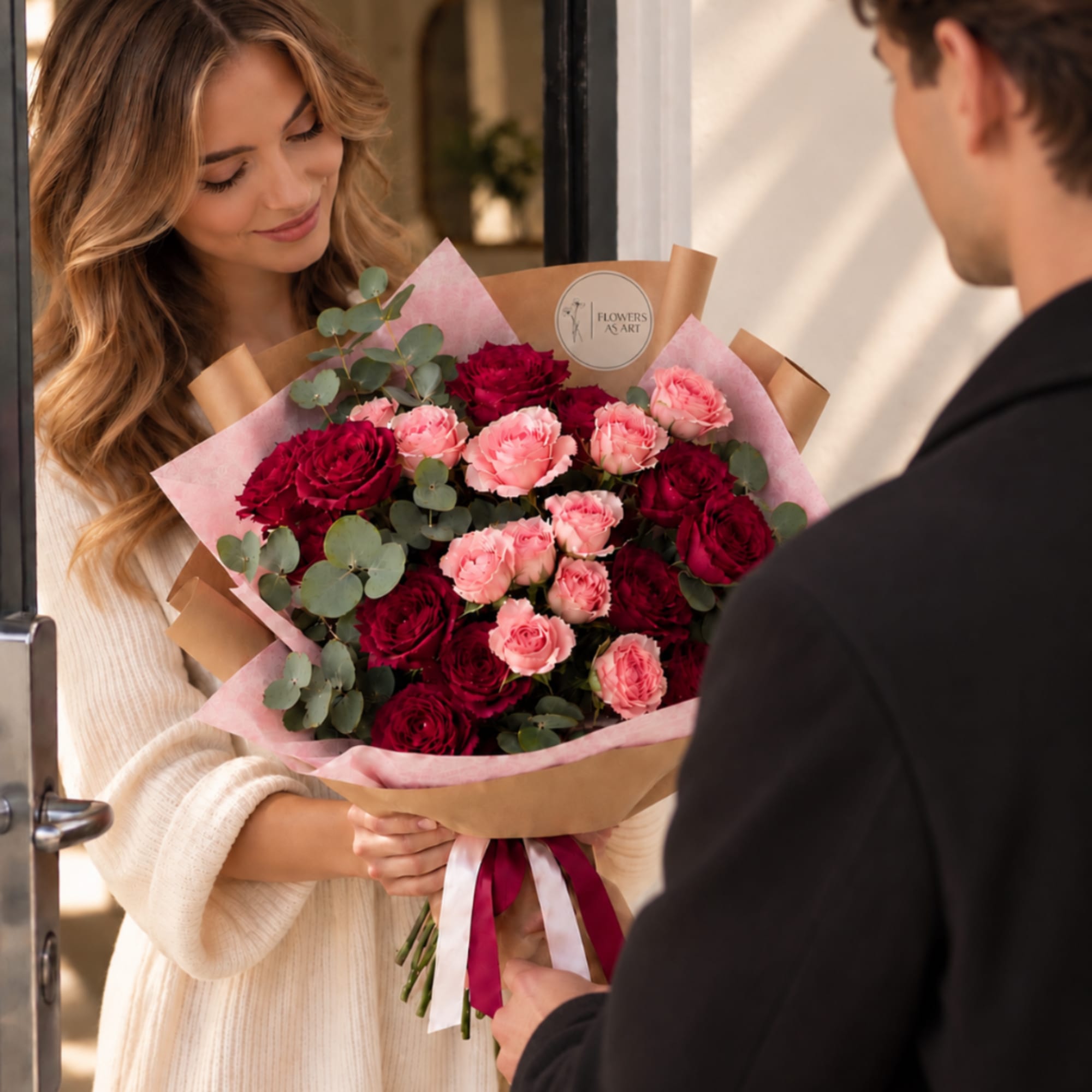 Woman holding a bouquet of pink and deep red roses wrapped in paper