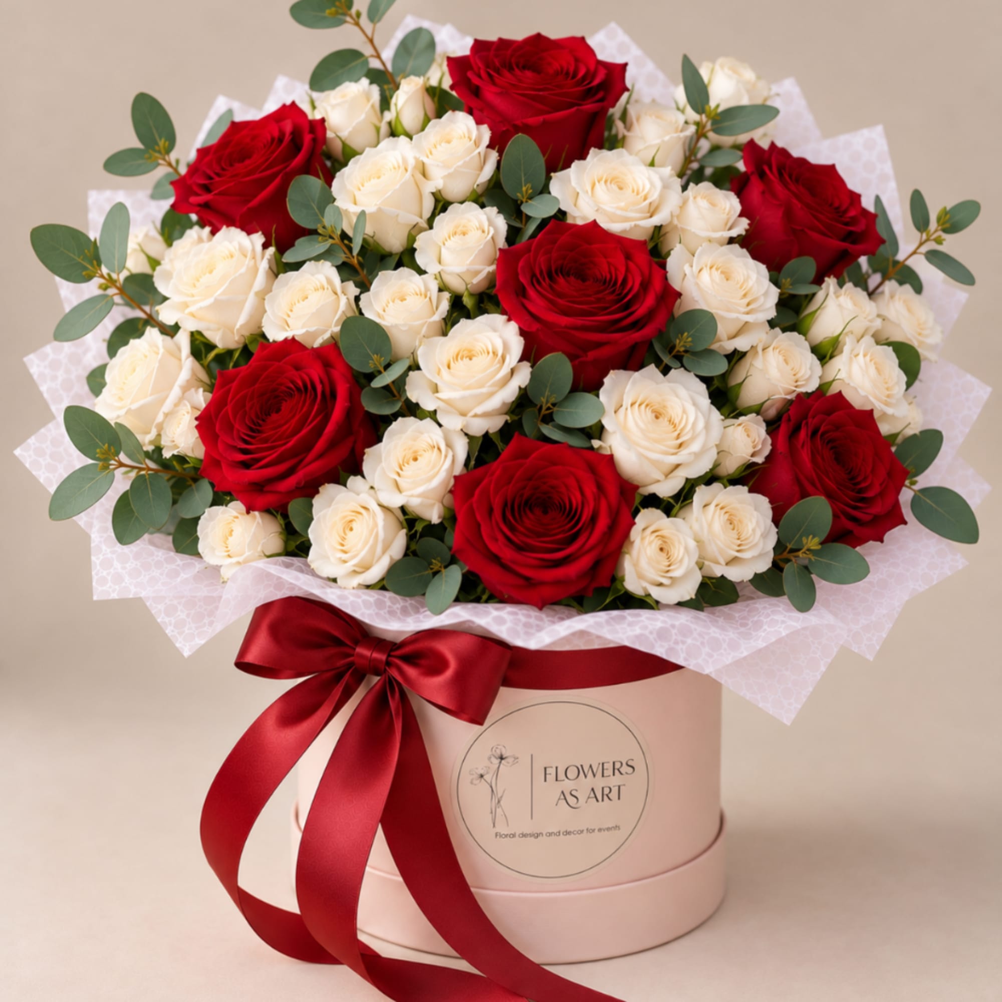 Red and white roses arranged in a pink hat box with a red ribbon
