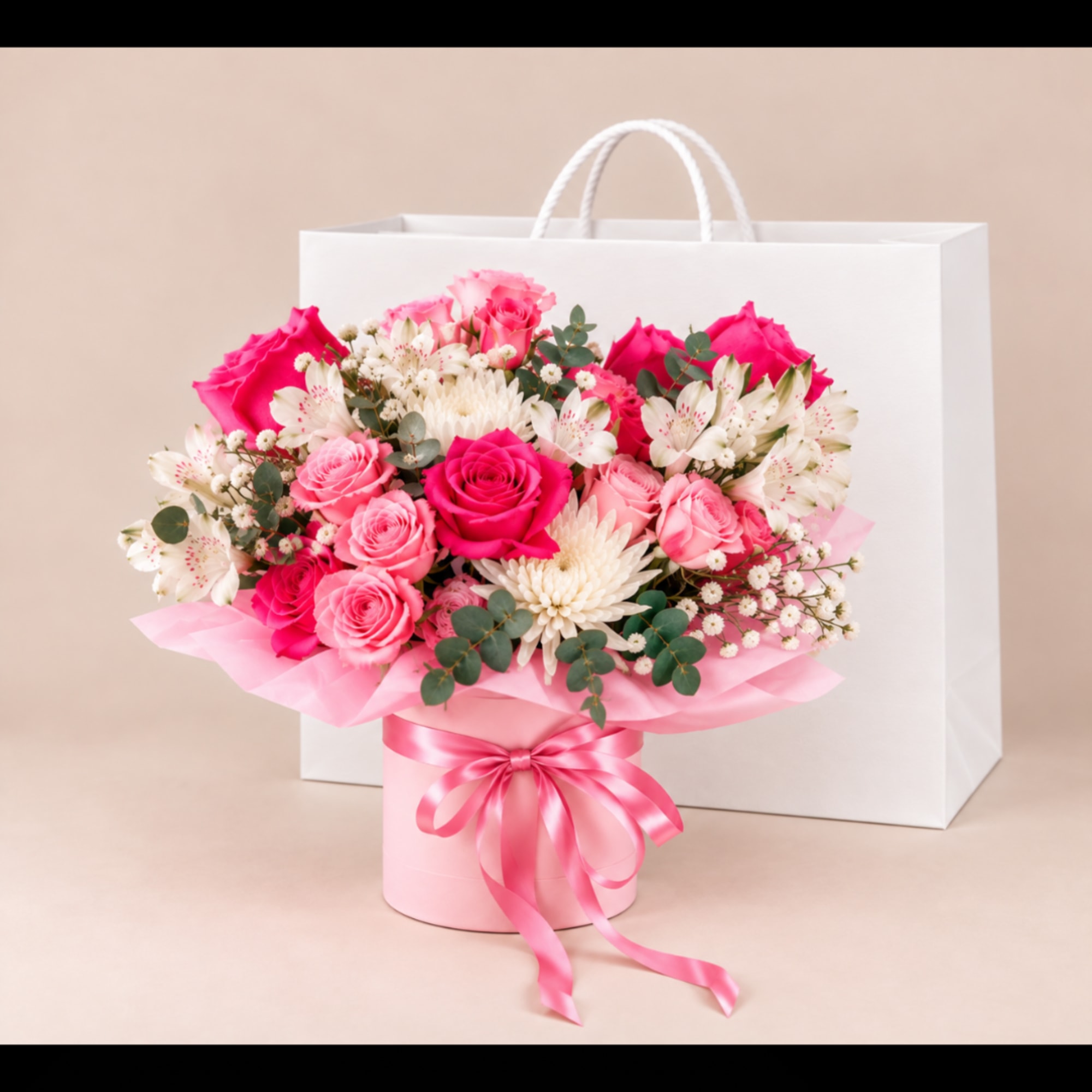 Pink and white rose bouquet in a round box with a ribbon bow