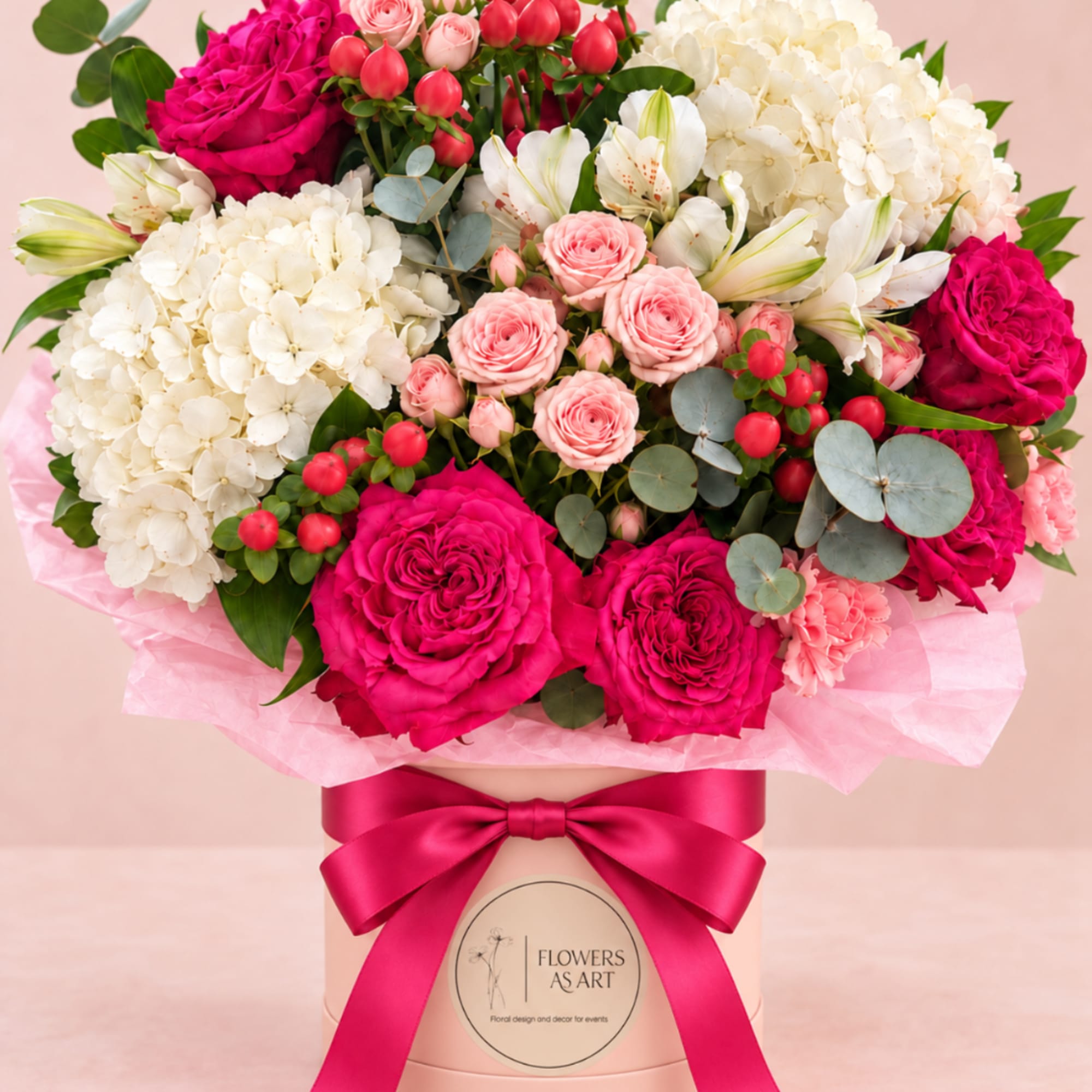 Pink and white bouquet in a hatbox with a satin ribbon