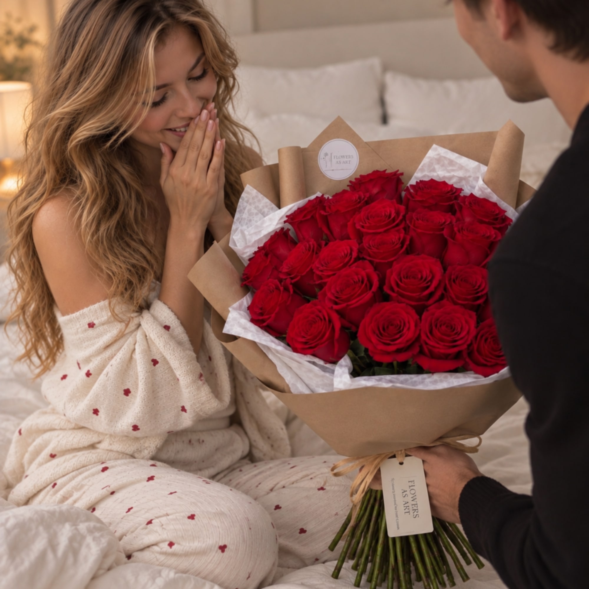 Bouquet of red roses in brown paper being presented to a smiling woman