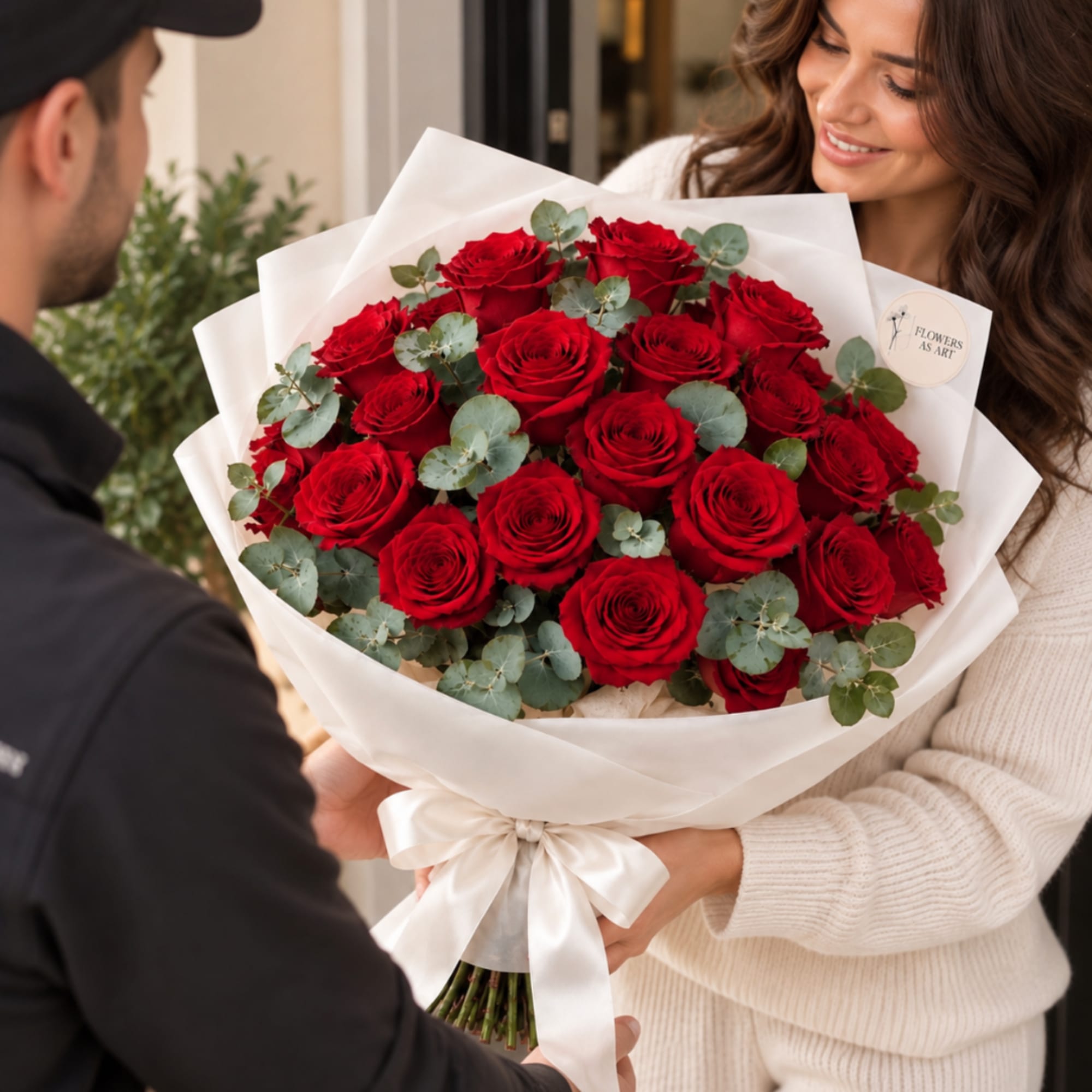 Bouquet of red roses wrapped in white paper with a satin ribbon, photo 3 of 3