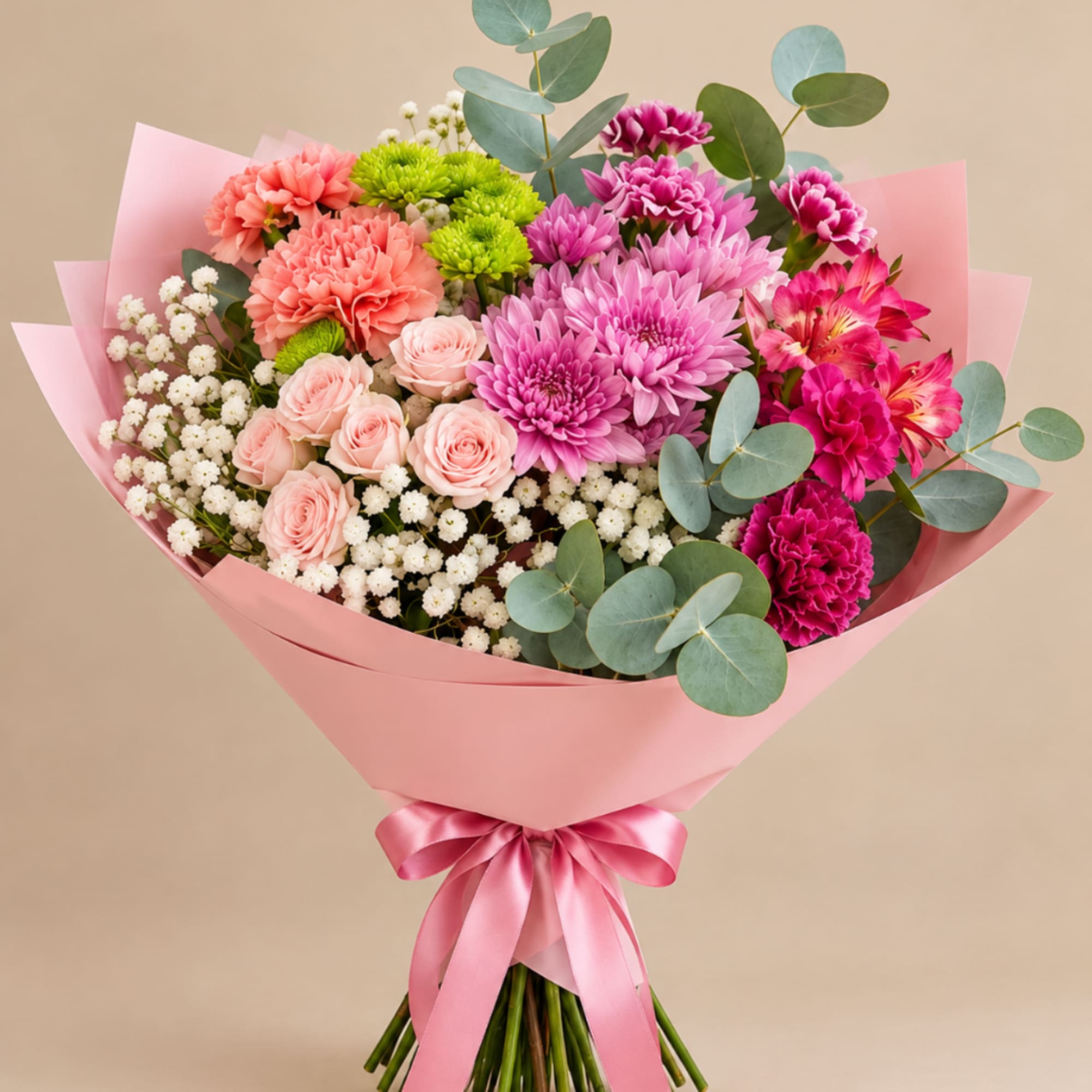 Pink bouquet with chrysanthemums, roses, and eucalyptus wrapped in pink paper