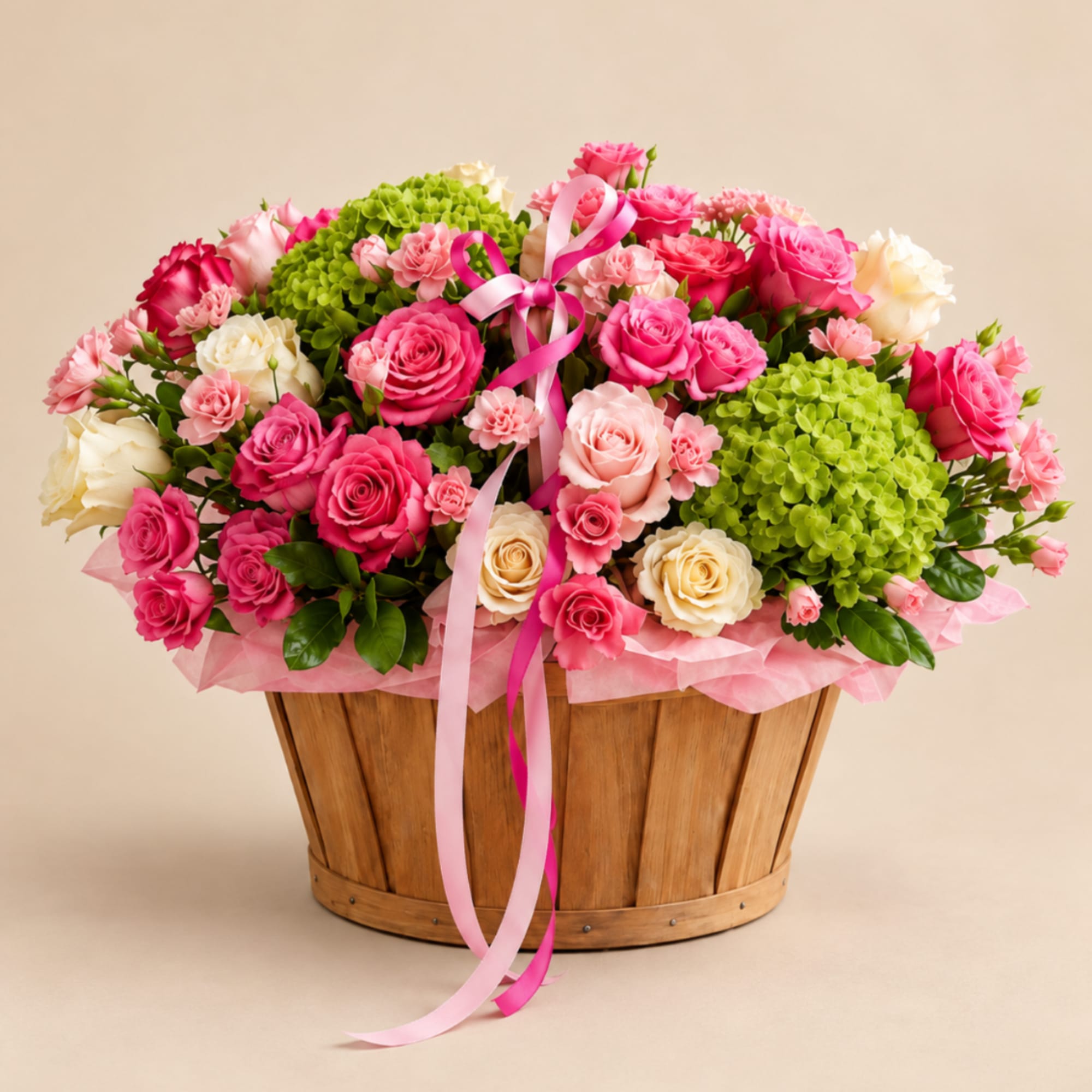Pink and cream roses arranged in a wooden basket with ribbon