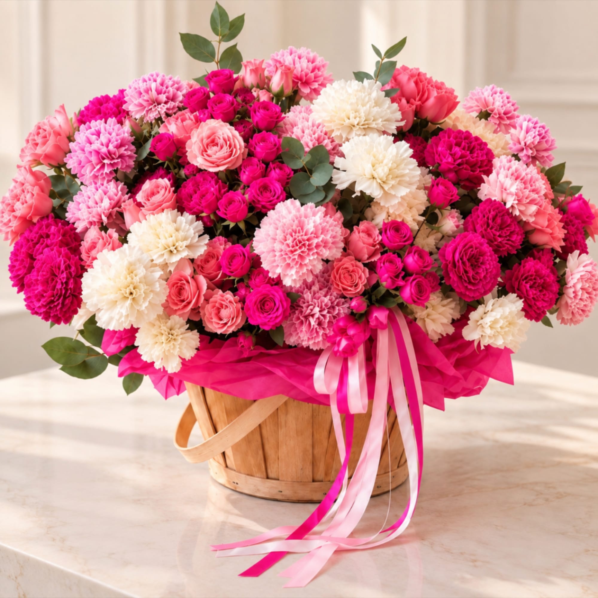 Pink and white flower arrangement in a wooden basket with ribbon, photo 2 of 3