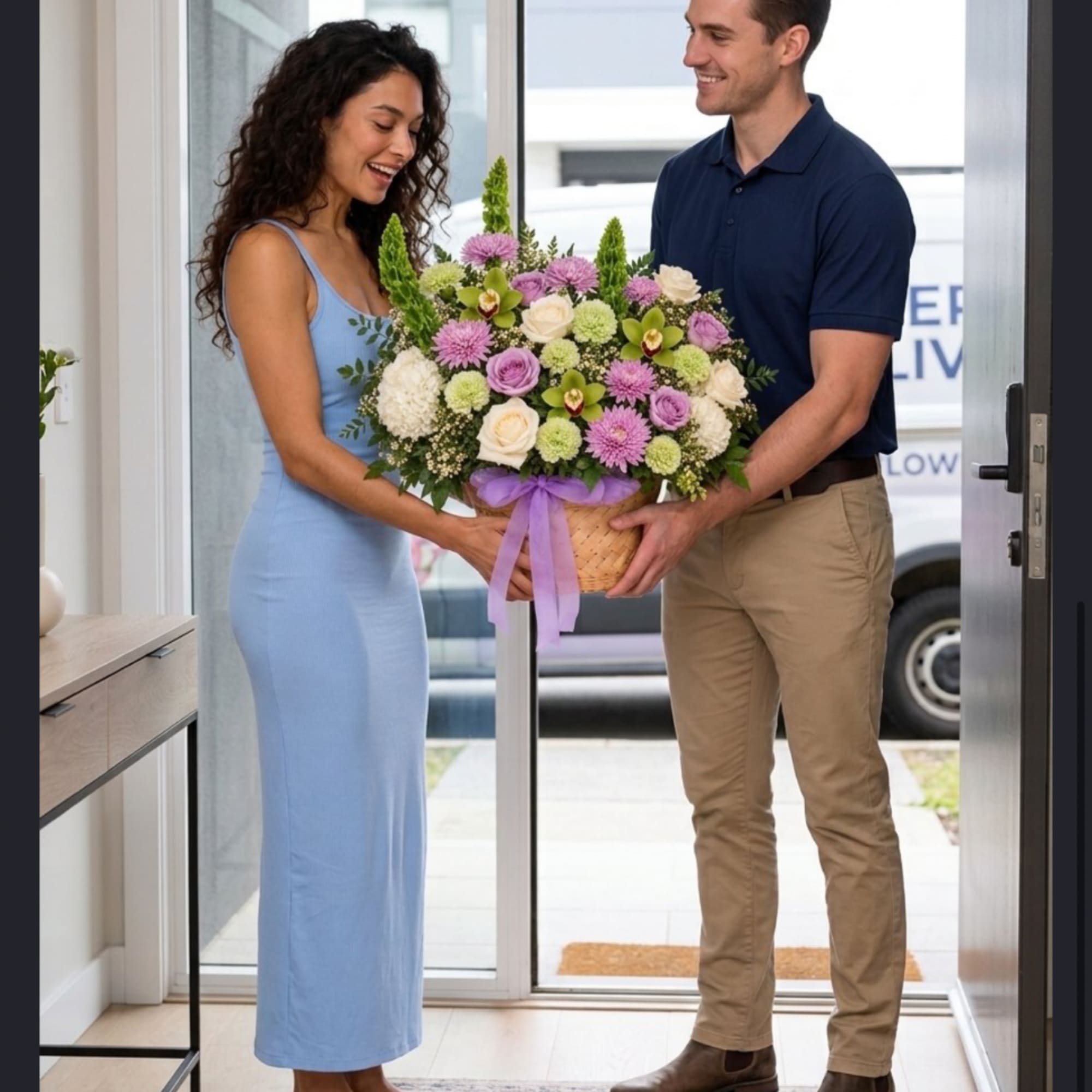 Two people holding a basket of pastel mixed flowers with a purple ribbon
